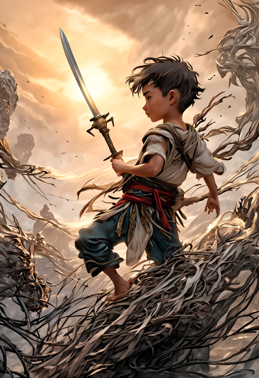  boy waving sword，The wind behind me is full of immortality，8K, high detal, hyper-detailing,The scene details are very rich，Clarity is extraordinary, globalillumination