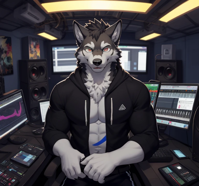 olhos brilhantes, panorama, Foco do personagem solo, peludo, peludo wolf, pelagem masculina, Estilo jovem, altura um metro sete, Handsome, tem cauda, Wolf Breed, Contraste, senso de design, produtor musical, Recording Studio, Orador, sentado, moletom