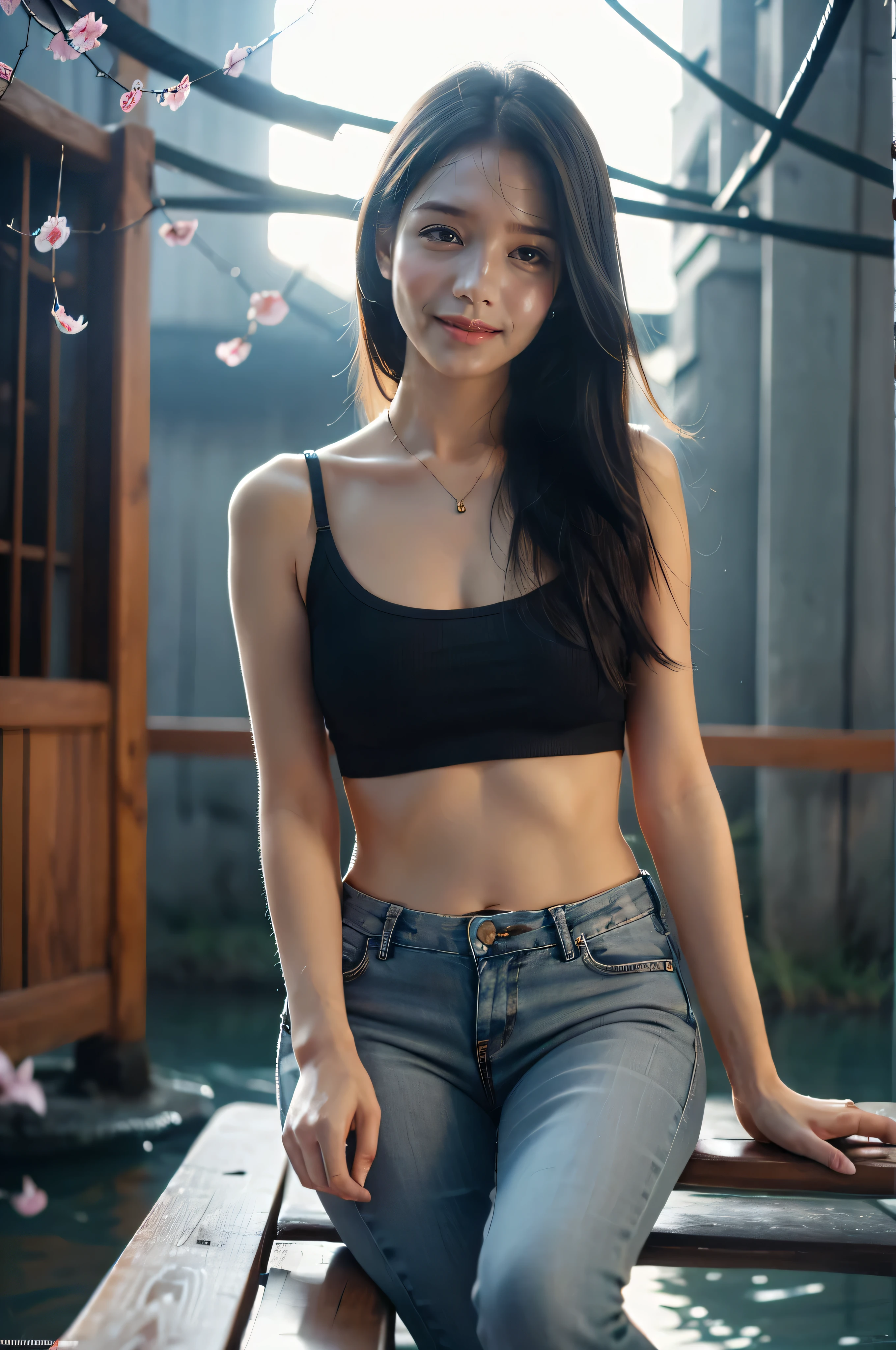 number art, (girl, Red_the hair, blooming flower, Loose jeans, white shirt, Cautious smile, Cute look), (sitting on a bench, river in the background, golden age),, author:Daniel Subonitsky Pageman