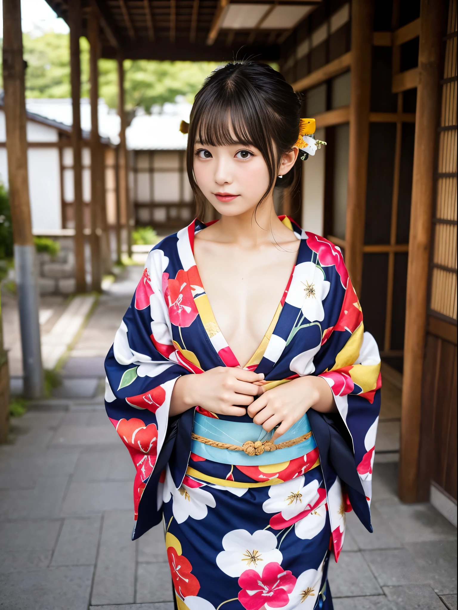 hi-school girl, lesbian, Japan Yukata, No bra, , Legs spread wide、traditional Japanese kimono、furisode、Standing、Chest exposed、(Take it off)、Embarrassed look、Chest exposed、clavicle fetish
