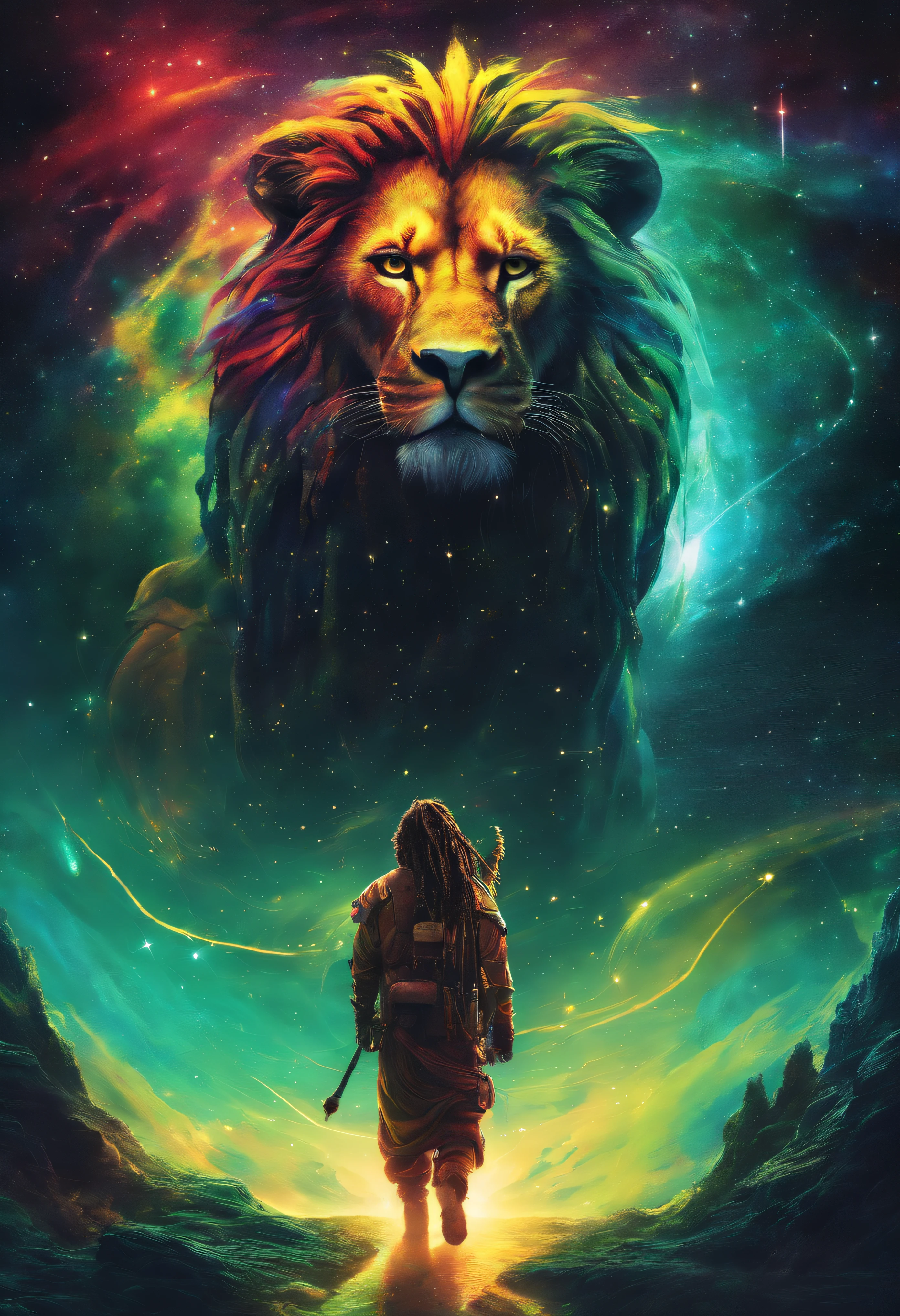dreamlike art, galaxy, outer space, nebula, muitas estrelas, (Rastafari cores, verde, vermelho e amarelo), Lion of the Stars with Dreadlocks roaming the universe(estrela:1.5),