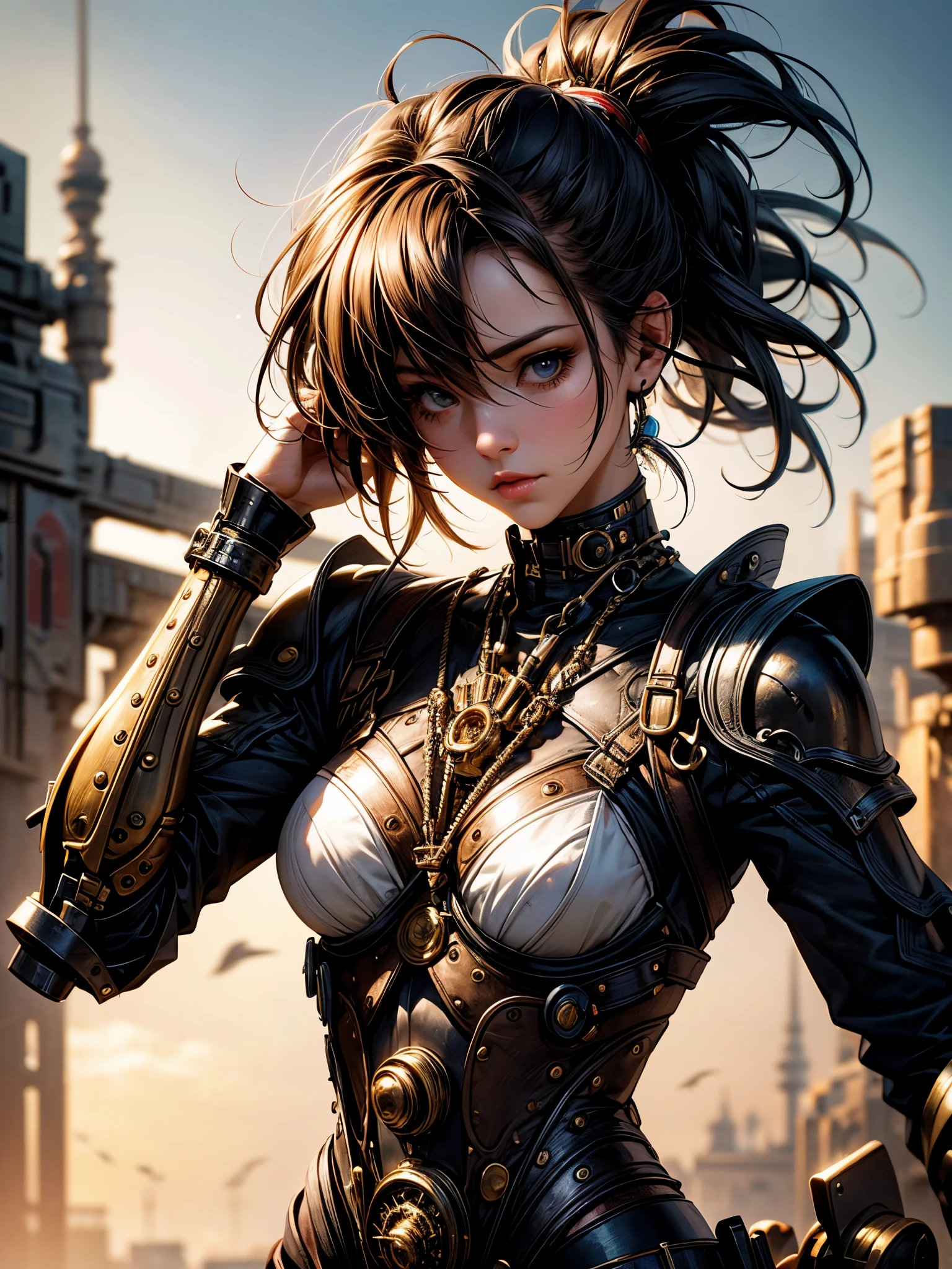 (masterpiece), (best quality), realistic, photorealism, photograph, 1girl, solo, steampunk girl with mechanical arm, messy hair, perfect face, perfect body, good anatomy, steampunk city background, day light, cinematic