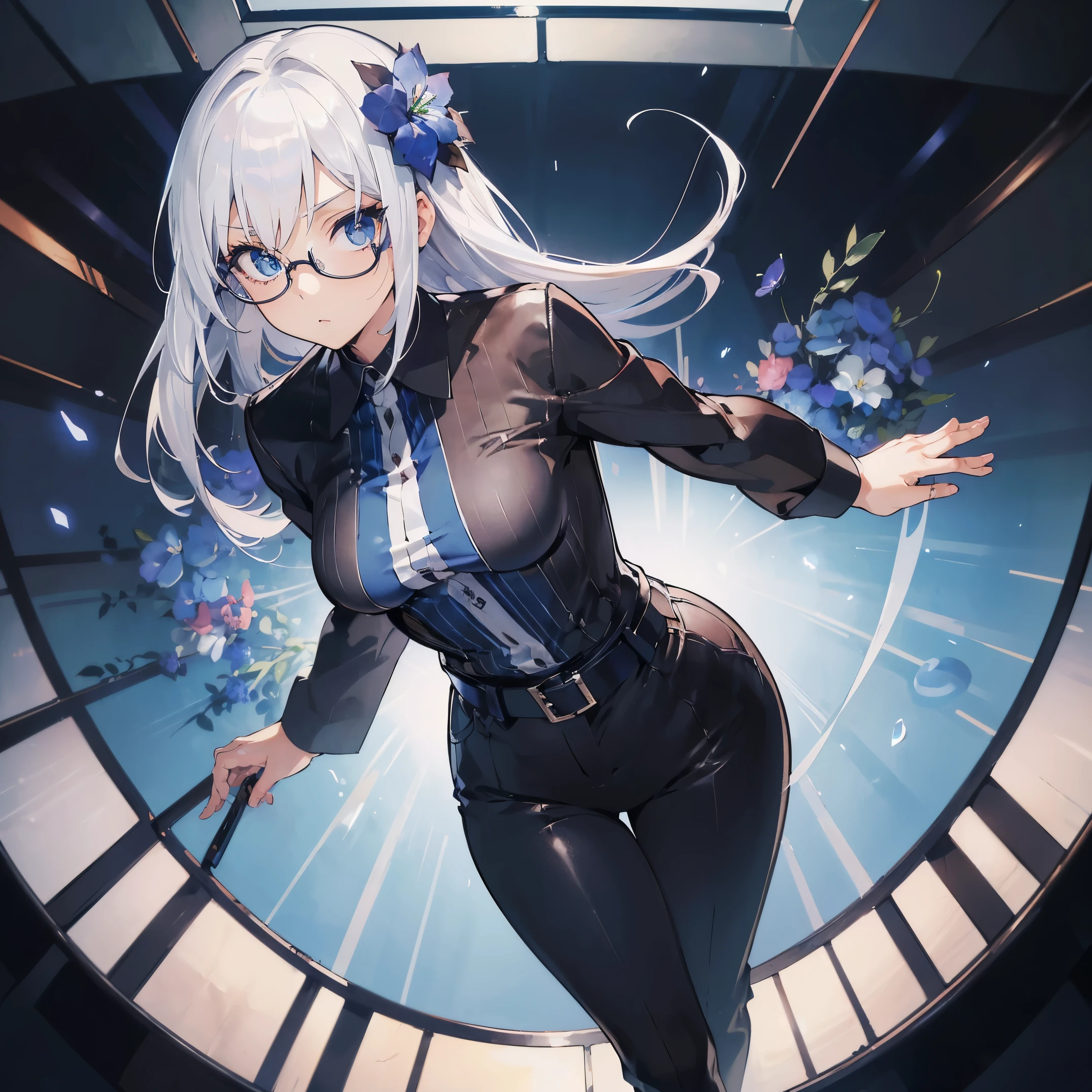 masutepiece,Best Quality,(fisheye),(long eyelashes),((Longhaire)),((pantsuit)),(((vertical line shirt))),(age 24),(slightly small breast),(Leather belt),(1 blue flower hair ornament),(Sober glasses),Solo,((White hair)),Blue Pupils,((very slender figure)),(slightly plump thighs),(action),((dynamic angle))