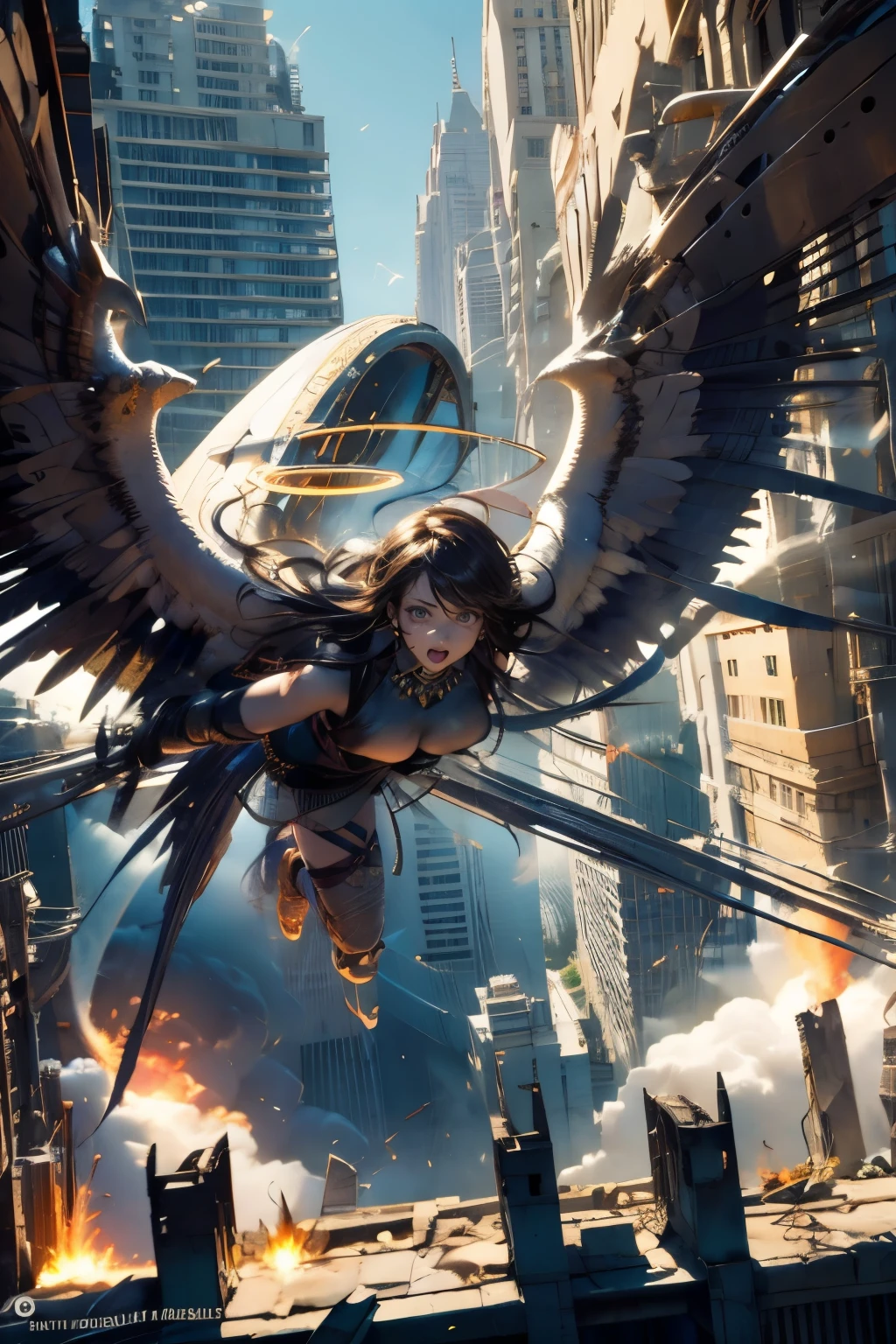 looking away, aerial angle, (mechanical, complex body), 100m tall goddess, flying, sing, female round face, drooping eyes, open mouth, open legs, (protect cover on chest and crotch), ((halo)), ruins of the city, impact, high speed, flame, necklace on fire, destroying, lightning, ((fight scene, fighting pose)), anger