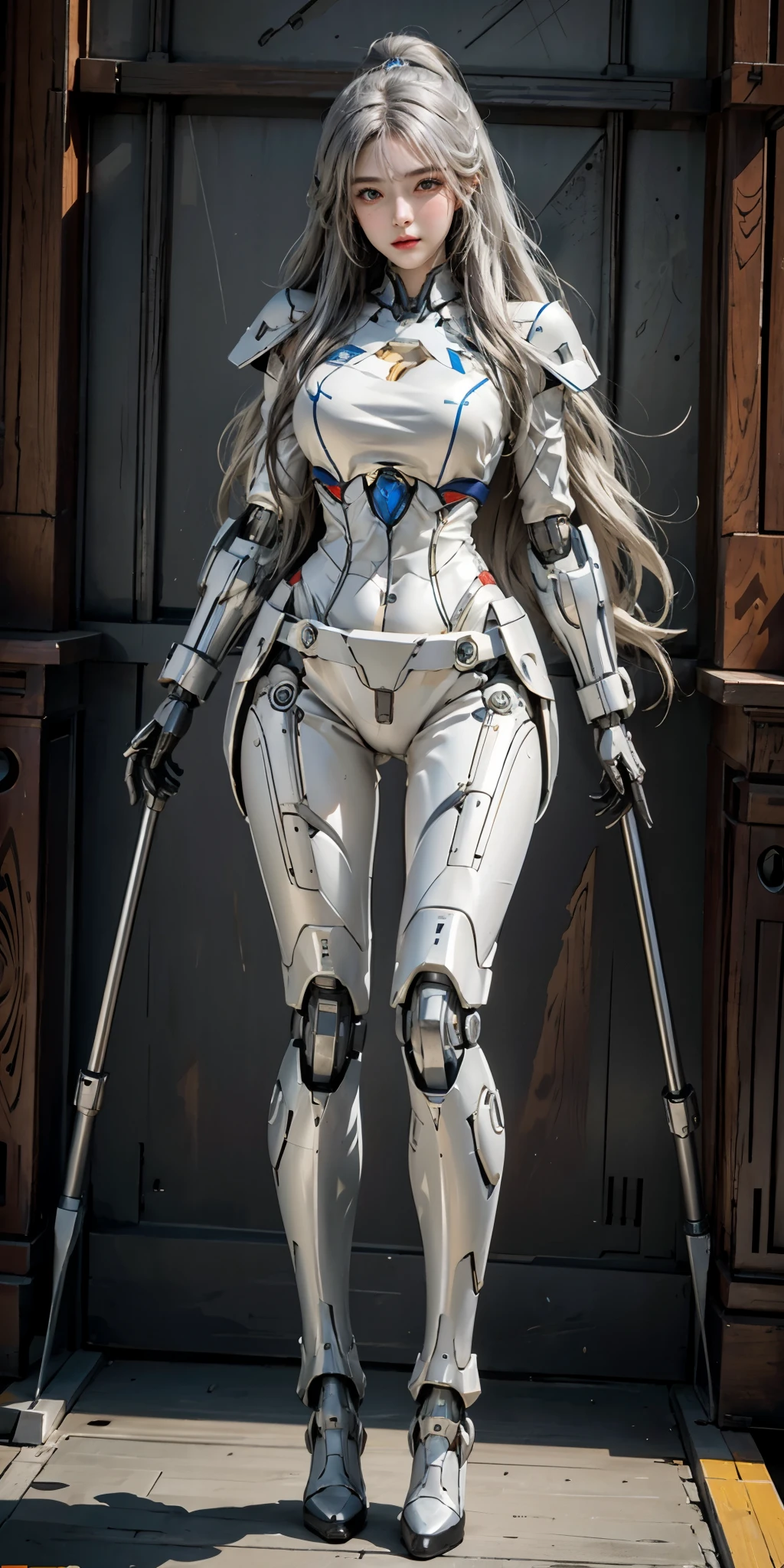 Photorealistic, High resolution, Soft light,1womanl, Solo, hips up high, (Detailed face), Long hair, mecha musume, Mechanical parts, Robot joints, full robot body
