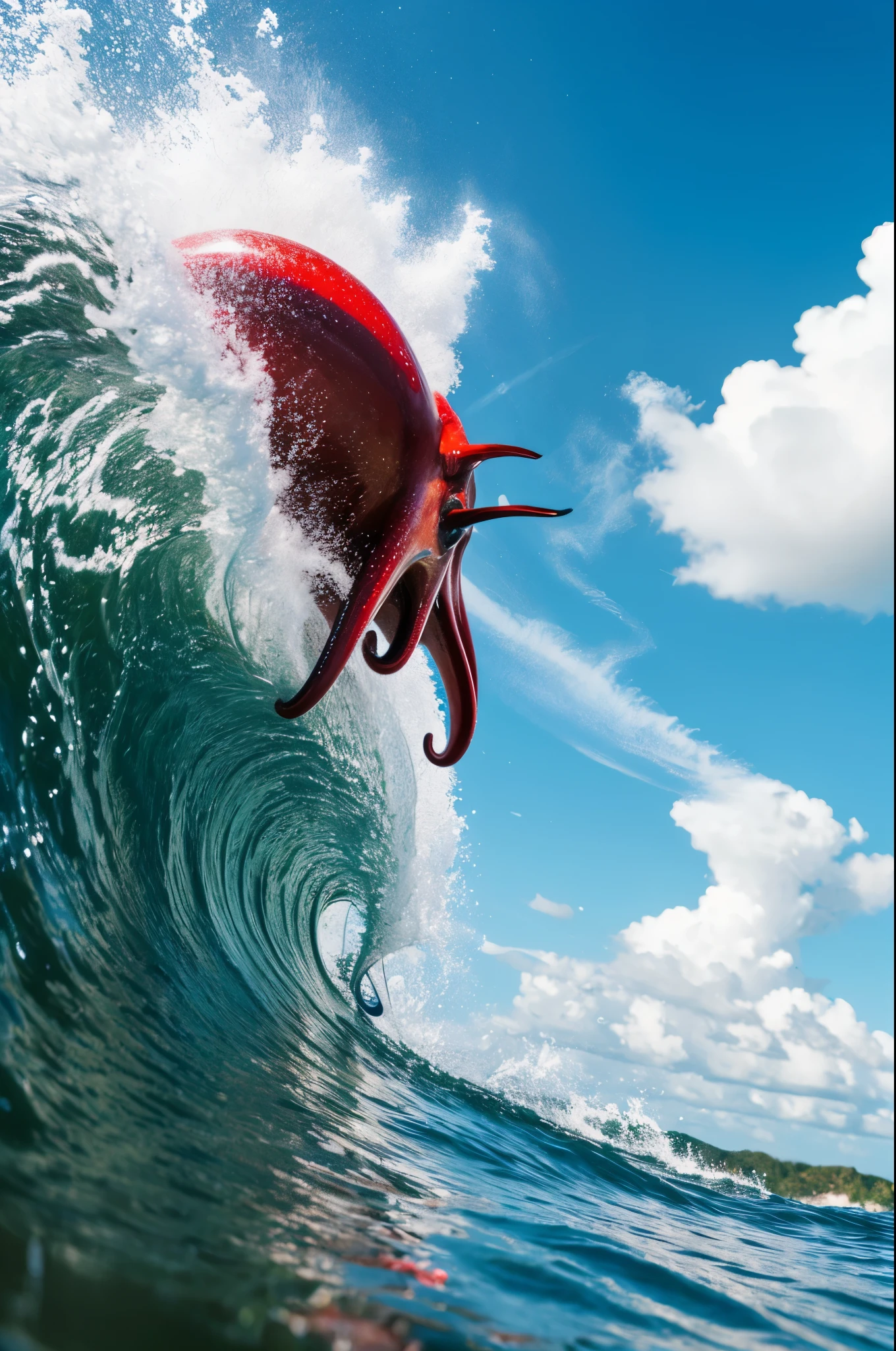 Rough seas、Giant octopus、MaestroW with red glowing letters in the sky