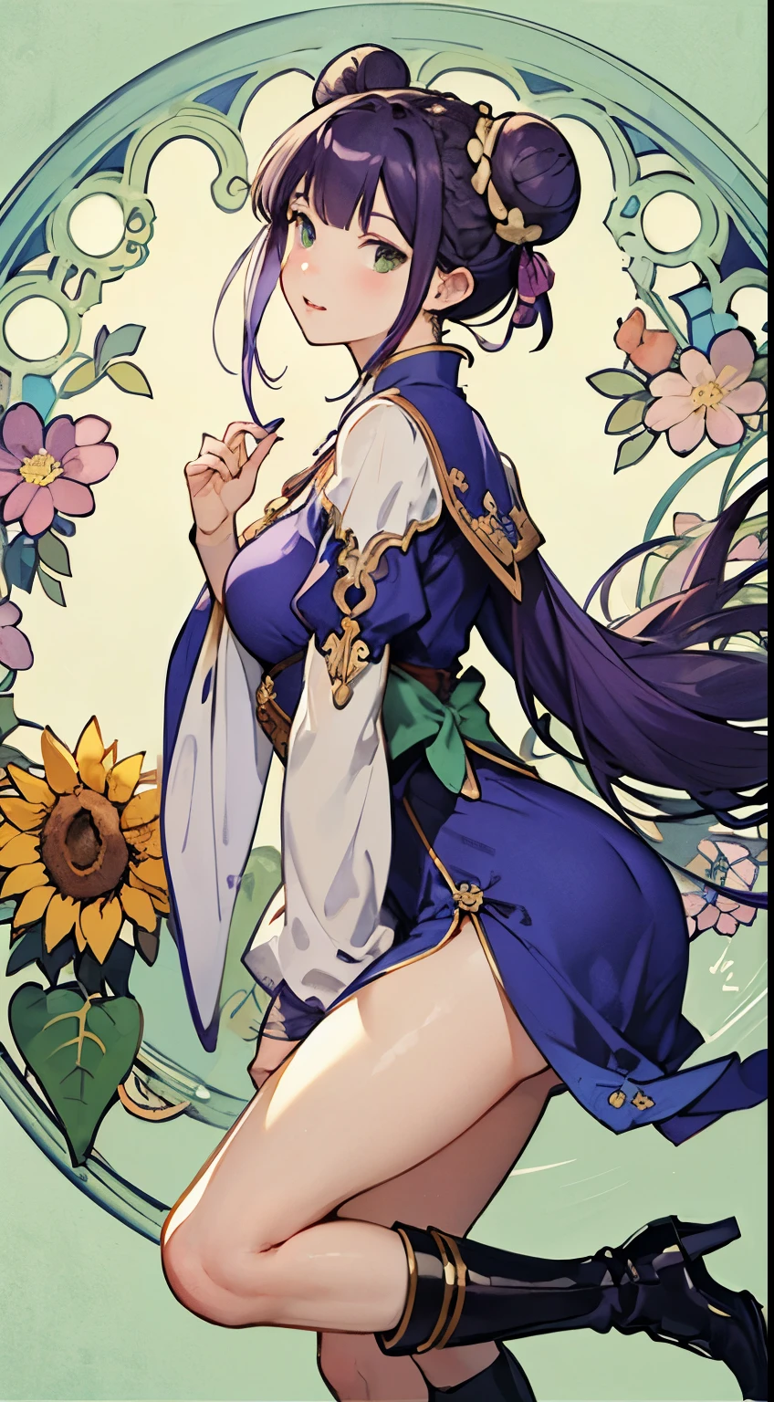 ((Best Quality)), (((masuter piece)))、Solo、Perfect face,(((Violet hair)))、faded green eyes、semi long hair、(((two bun hairstyle)))、Ahoge、kneehigh boots、full bodyesbian、classic western costume、Sun flower accessories、瞳に☆の形の模様がある、Sun flower、((Mucha style background)),Decorative background、Background like a round window