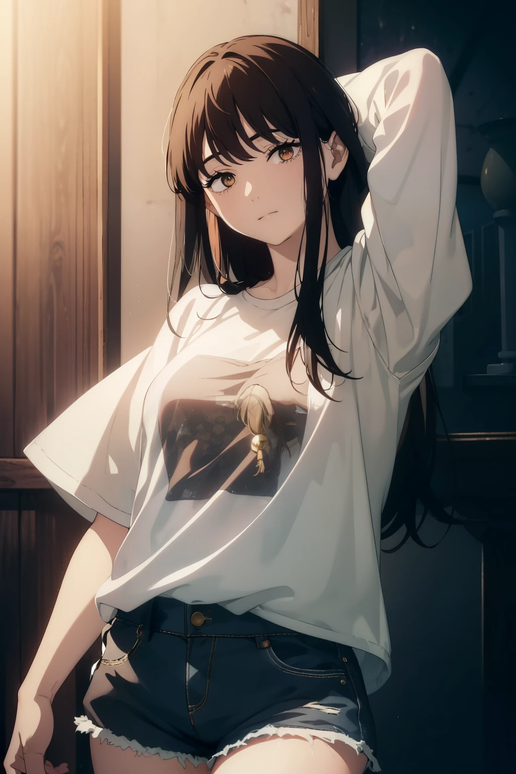 ((((Obra maestra, La mejor calidad, ultrahigh resolution)))), 1girl, standing, (baggy white t-shirt, loose fitting blue shorts, long back hair, long dark black hair, pale skin, ((shining brown eyes)), ((ultra detailed eyes:1, beautiful and detailed face, detailed eyes:0.5)), ((half closed eyes))