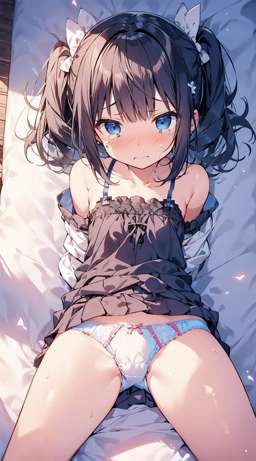 masutepiece, Best Quality,Illustration, Wallpaper, Ultra Detail,  Face Lori、((fear:1.3))、(Teary-eyed:1.5)、(((Cute underwear)))、She makes me lie down and spread my legs.