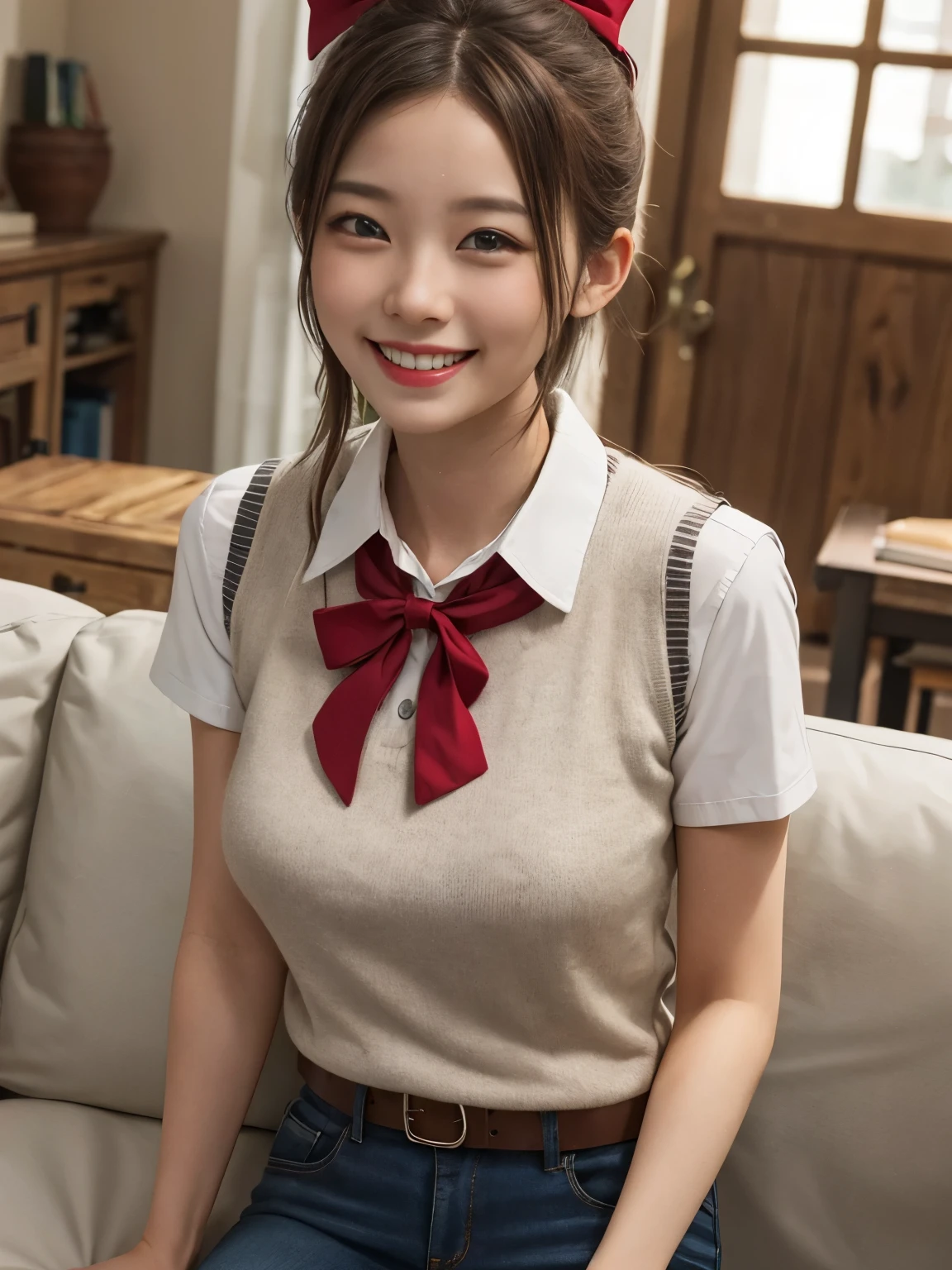 Master masterpiece, top-quality, hight resolution, fel1, Pretty Woman, whiteshirt, Red bow,Cute clothes、Collared shirt, Sweater Vest, Cowboy Shot, Smiling face, Open your mouth、front、Joy