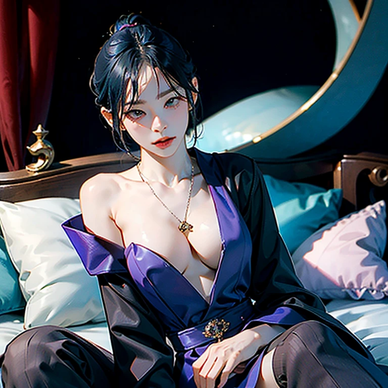 （A high resolution，tmasterpiece：1.2），full bodyesbian，(slender boy：0.7 ) in bed with succubus mistress：1.8，mature breasts:1.4, big breasts:0.6, ice blue hair, pixie cut, necklace and jewellery , femdom：1.8，（（Dominating mistress，mistress on top，Mistress Dominating boy, mistress on top boy, mistress chocking neck boy, mistress hung over boy, boy touching crotch mistress:1.8）：1.2）, 。（电影灯光）