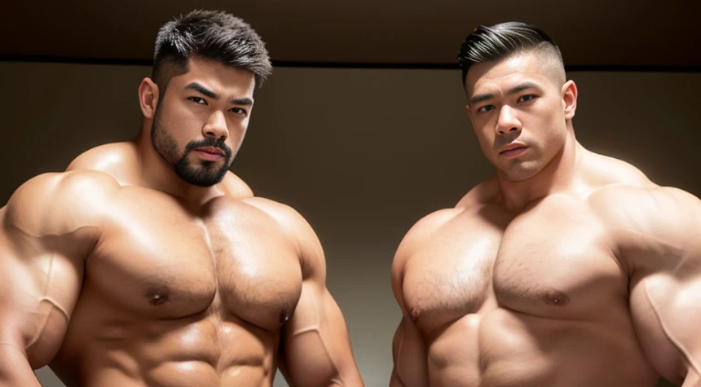 (Very detailed 8k wallpaper), two asian men, muscle worship, arms folded, At the sports ground, high detailing, buzzcut, very large and strong body, bulging muscles, well-muscled, very large pectoral muscles. Very sexy abs, legs are well-muscledの, Toned figure, lightens oily skin, well-muscledの, Tank top, T-shirt, longshot, Wide Shot