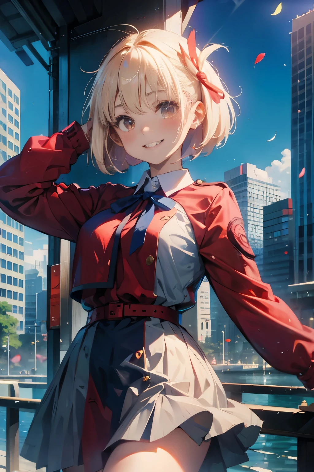 ​masterpiece、top-quality、Female one、bangss、platinum-blonde、red school uniform、red blush、breastsout、Y shirt、cowboy  shot、dress shirts、Eyebrows visible through the hair、Grinning、Bob Hair、Viewer's Perspective、Navy blue tie ribbon、Akame、student clothes、a red skirt、A smile、独奏、blue-sky、flower petals、Fashionable、sano、colourfull、Dynamic、City background lined with skyscrapers