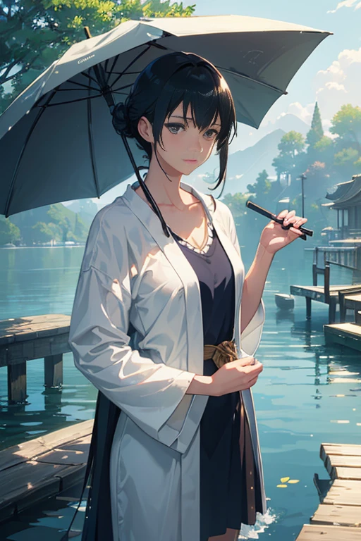 (best quality,4k,ultra-detailed,realistic:1.37),anime,beautiful detailed scenic dock by the water,tables and umbrellas,exquisitely detailed eyes,hands holding umbrellas,gentle rain,serene atmosphere,soft natural lighting,new masterpiece by Makoto Shinkai,colorful umbrellas scattered on the dock,peaceful waterfront,crystal-clear reflections on the water,peaceful and tranquil,sunlight piercing through the clouds and shining on the dock,memorable and emotional visual storytelling,subtle gradient hues,impeccable attention to detail,vibrant and vivid colors,meticulously crafted animation,expressive characters seamlessly integrated into the scenery,intricate water ripples,fluid and lifelike character movements,aesthetic and visually stunning,stylistically consistent with Makoto Shinkai's signature style,delicate brushstrokes capturing the essence of the scene,immersing viewers in a captivating world of beauty and emotion.
