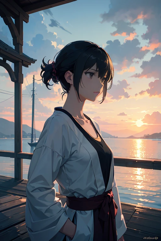 (best quality,4k,ultra-detailed,realistic:1.37),anime,beautiful detailed scenic dock by the water,tables and umbrellas,exquisitely detailed eyes,hands holding umbrellas,gentle rain,serene atmosphere,soft natural lighting,new masterpiece by Makoto Shinkai,colorful umbrellas scattered on the dock,peaceful waterfront,crystal-clear reflections on the water,peaceful and tranquil,sunlight piercing through the clouds and shining on the dock,memorable and emotional visual storytelling,subtle gradient hues,impeccable attention to detail,vibrant and vivid colors,meticulously crafted animation,expressive characters seamlessly integrated into the scenery,intricate water ripples,fluid and lifelike character movements,aesthetic and visually stunning,stylistically consistent with Makoto Shinkai's signature style,delicate brushstrokes capturing the essence of the scene,immersing viewers in a captivating world of beauty and emotion.