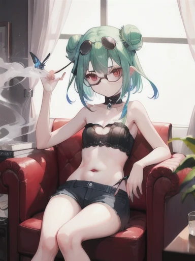 {Moist feather(hololive)}, 1girl in, Short hair, Double bun, {Emerald green hair}, {{Red Eyes}}、masterpiece、top-quality、very flat chest, very small chest、小柄、numerous piercings in the ears、A slightly condescending look、Sitting in a leather chair、Aura of Darkness Rack Underwear Pants Rack Tube Top Bree Thin Tank Top、inside in room、Blue-winged butterfly、watching at viewers、((I have a cigarette in one hand、Smoke drifts from a cigarette。she is a smoker、I have a cigarette in my finger))、((light round sunglasses、I can see through my sunglasses。))