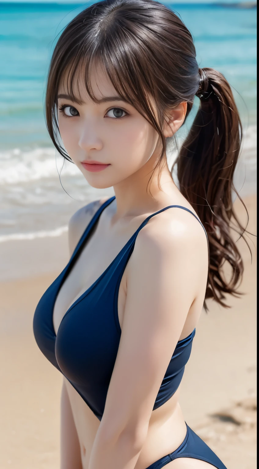 masutepiece, Best Quality, Illustration, Ultra-detailed, finely detail, hight resolution, 8K Wallpaper, Perfect dynamic composition, Beautiful detailed eyes, Swimsuit, Random and cute hairstyles, medium breasts, Natural Color Lip,Beach, Random and cute poses,