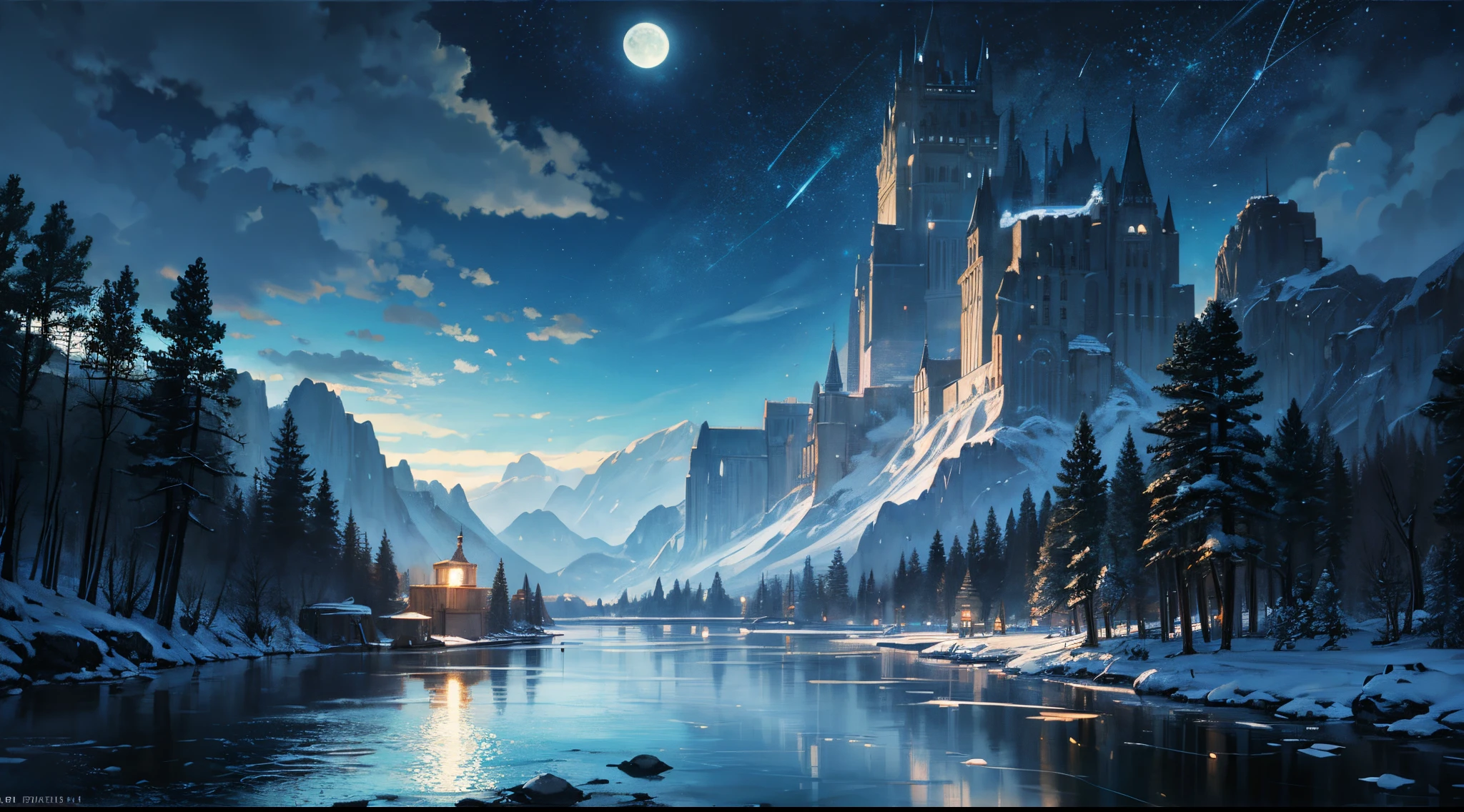 A painting of a river with stars and moon in the sky, concept art inspired by Tosa Mitsuoki, pixiv contest winner, best quality, fantasy art, beautiful anime scene, a bright moon, moonlit starry environment, dream painting, Anime Background Art, Fantasy Landscape Art, Fantasy Night, Anime Background, Background Artwork, Fantastic Art, Atmospheric Anime, Starry Sky, Detail Enhanced.