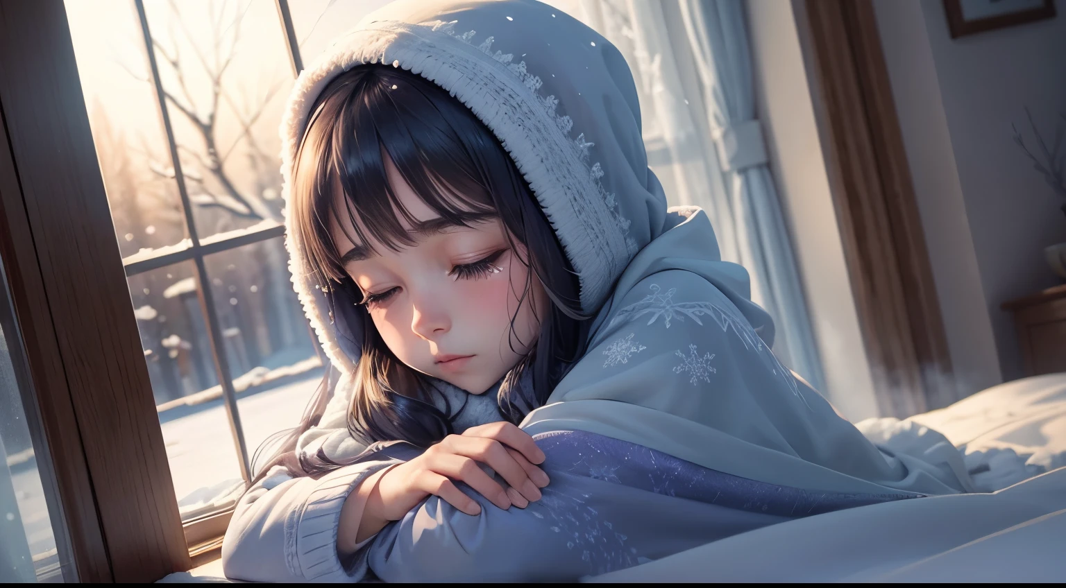 anime,girl,sleeping,window,winter,dark night,crying,best quality,ultra-detailed,realistic,photorealistic,vivid colors,soft lighting,emotionally intense,romantic scene,cozy,warm blanket,tears glistening,loneliness,reflection in the window,melancholic expression,beautiful long hair,dreamy atmosphere,magical snowflakes,moonlight shining through,peaceful silence,deep shadows,subtle hues of blue and purple,frost on the windowpane,snow-covered landscape,crisp winter air,gentle breeze,sheer curtains,darkness enveloping,transcendent beauty,sublime moment,feeling of solitude,stillness,heart-wrenching beauty,gentle snowfall.