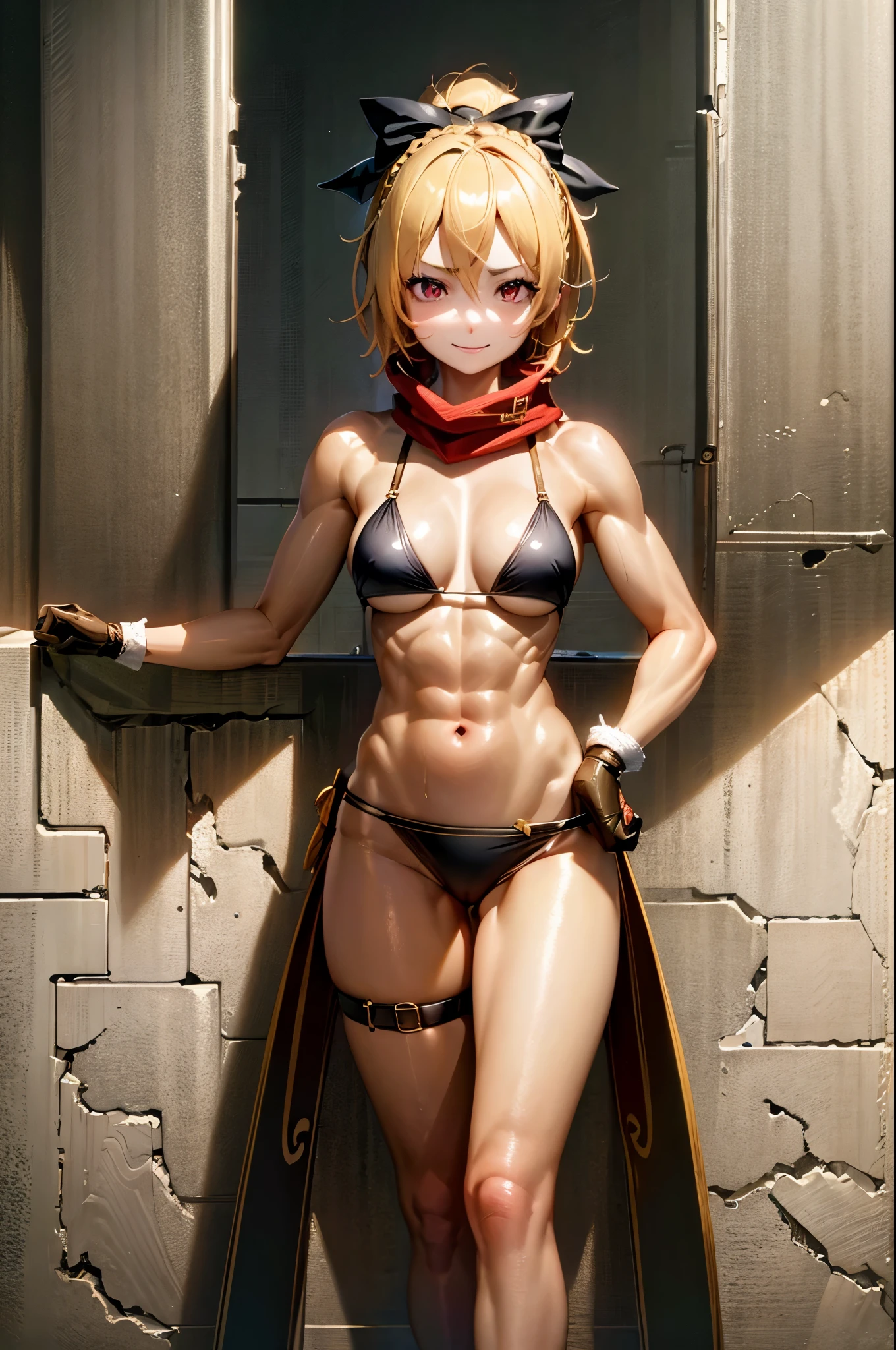 best quality, 4k, ((masterpiece)), extremely detailed, 8k, Trending on ArtStation, intricate, very high details, sharp focus, detailed background, (Fantasy City: 1.4), Roof, 1girl, floor, navel, ( blonde hair), red eyes, hair bow, red scarf, braid, short hair, small breasts, Looking at viewer, smile, belly, blonde hair, {{{very short and sexy bikini}}}, (wearing black panties very short), Gloves, Brown gloves, (muscular legs), standing