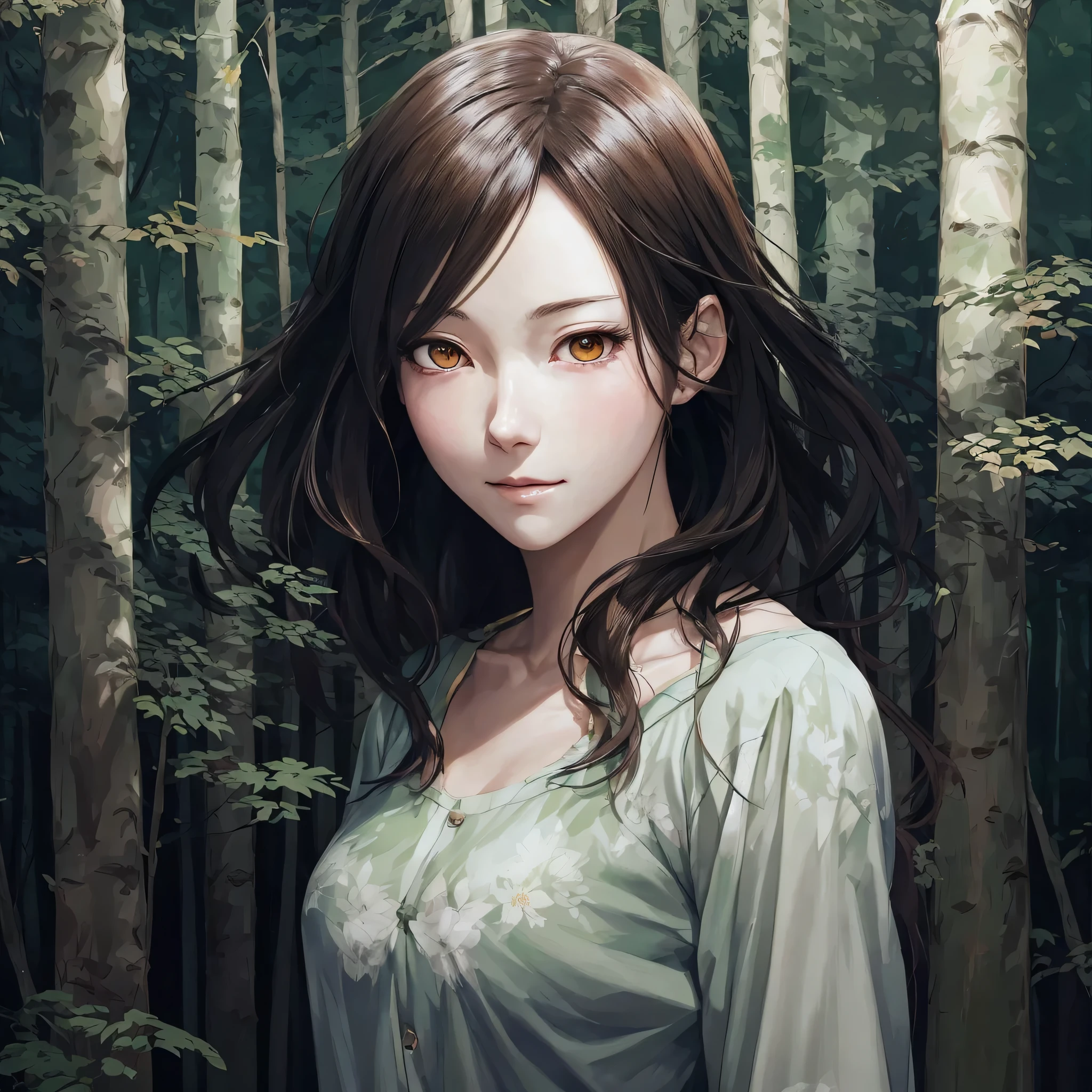 anime girl in a forest with les arbres and a fond de forest, digital anime illustration, beautiful anime portrait, digital anime art, artwork in the style of guweiz, detailed Anime girl portrait, portrait anime fille, detailed digital anime art, anime styled digital art, beautiful anime girl, Anime girl portrait, Portrait of an anime girl, belle femme anime
