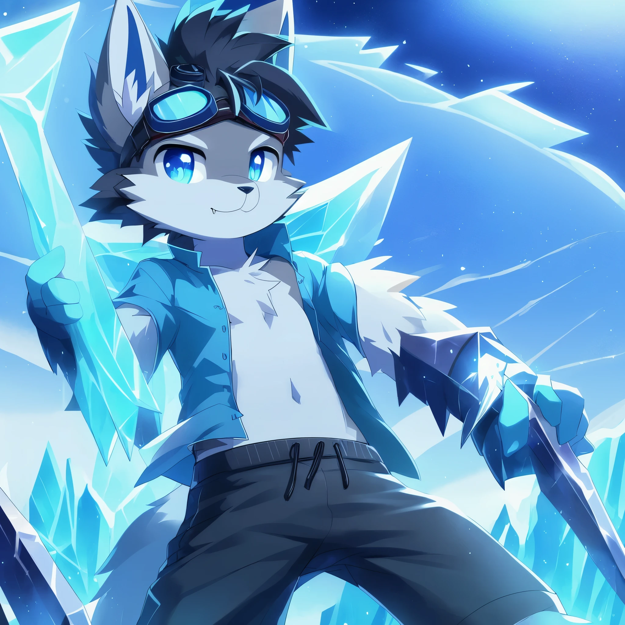 Furry shota, young, ((adult 25 years)), wolf, black hair, spiky hairstyle, long spiky ponytail, blue eyes, detailed body fur, ((goggles, blue hawaiian shirt, open clothes, black swim trunks)), masterpiece, looking at you, fangs, clear grey body fur, detailed face, big eyebrows, detailed eyes, detailed body, detailed body fur, detailed hands, flat body, glistering body, shiny body, skinny, gorgeous body, snow and ice forest, clear sky, sassy face, :3, ice power, ice sword arm, ice magic, rounded by ice, glow eyes, ice particles,