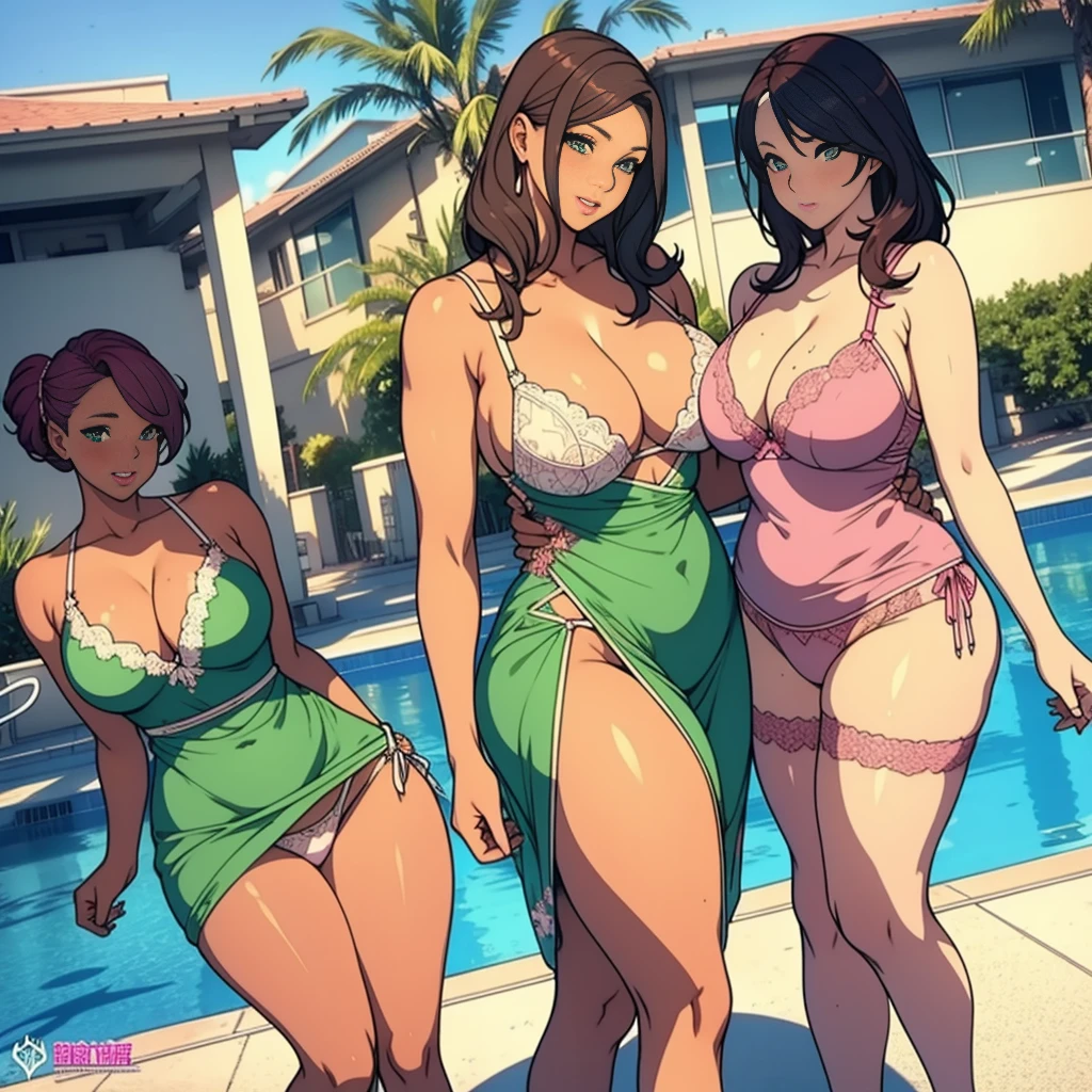 multiple thick body females at the pool daytime, females wearing pink lace pattern bra and panties, all females wearing (green dress) open center slit long dress flaring the dress to the side of the legs with panties exposed,