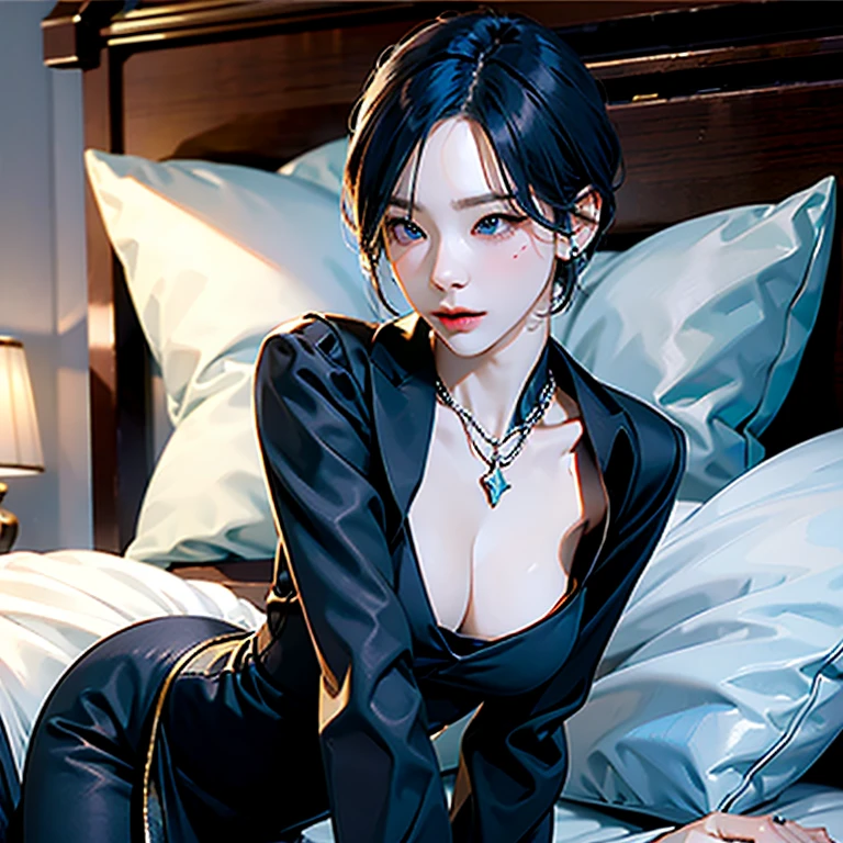 (A high resolution,tmasterpiece:1.2),full bodyesbian,(slender boy:0.7 ) in bed with succubus mistress:1.8,mature breasts:1.4, big breasts:0.6, ice blue hair, pixie cut, necklace and jewellery , femdom:1.8,((Dominating mistress,mistress on top,Mistress Dominating boy, mistress below helpless boy, mistress chocking neck boy, mistress hung over boy, boy touching crotch mistress:1.8):1.2), 。(电影灯光)