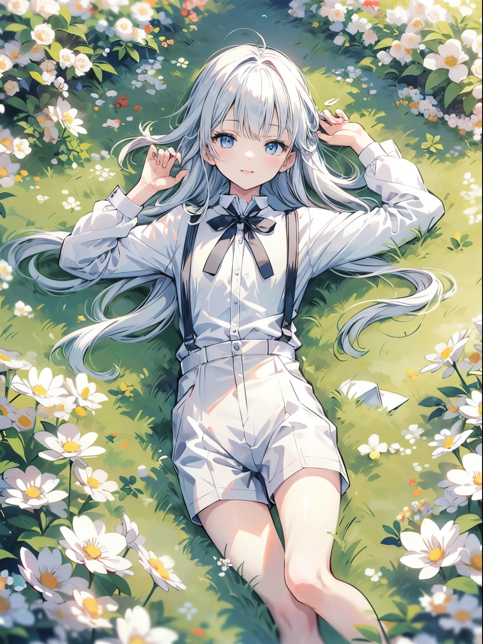 Anime boy lying on the grass,独奏、 White flower garden, Beautiful sunlight, Clear blue sky, long white hair, Light blue eyes, 独奏 同, White collared shirt, Black shorts、Black suspenders, a black ribbon、Smile, beautiful anime artwork, ultrasharp, masutepiece, hight resolution, 8K、Best Quality、masuter piece、Detailed eyes、face perfect