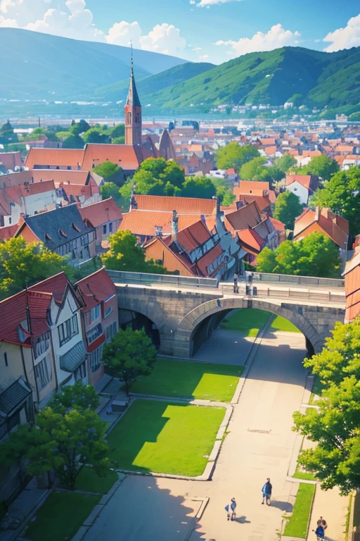 Anime screenshot of a town with fountains and horses, beautiful anime scenes, town in background, Small town background, beautiful anime scenery, Anime countryside landscape, Bustling magic town, Anime landscapes, distant village background, Downtown background, Anime beautiful peaceful scene, anime scene, Anime landscapes概念艺术, in the anime film, Anime background art