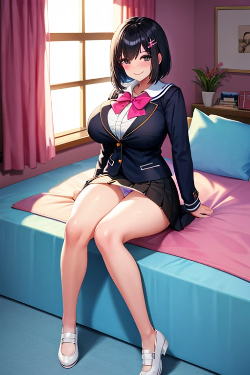 yo (female high-school student), ((school uniform)),(miniskirt), serafuku, sailor collar, bowtie, white shirt, covered erect nipples, pumps, BREAK, BIG Mons pubis, (cute white Panties with raised pussy line), cameltoe, panty peek, pantyshot, BREAK, huge breasts, cleavage, thick thighs, BREAK, bob cut, (glossy black hair), hair ornament, eyelash, eyelashes, eyeliner, (big eyes), anime face, BREAK, (happy smile, Innocent smile), BREAK, ((Cute room) with pink color), (Girl's room with lots of cute goods), (cute bed:0.7), cute cushion, cute curtains, teddy bear, indoor, daytime, BREAK, animated painting, anime colored, game cg, (glossy texture), (high contrast), ((gleaming skin, glistening skin), oiled skin, shiny skin), super detailed skin, wet skin, BREAK, (extremely detailed:0.5), Hard light, (masterpiece:0.6), best quality, highres, perfect anatomy, (1girl, solo), (full body shot),