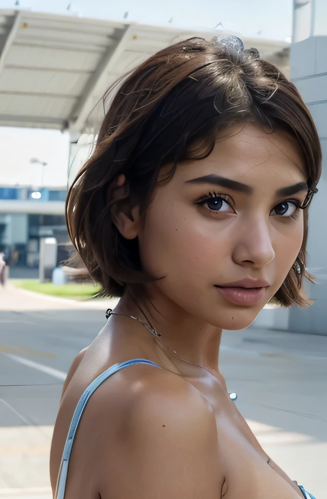 Arafed Frau, Sophie Mudd, Isabela Moner, Olivia Culpo, dark tanned skin, Kiko Mizuhara, kurze braune Haare and large eyes, Emily Ratajkowski, kurze braune Haare, Ana de Armas, braune kurze Haare, Beautiful Latina face, Portrait photo looking directly into the camera, kein Make-up, Realistischer Skin, ultrarealistisches Gesicht, ultra Realistischer Skin portrait photo, blaue Augen, Blaue Farben, Foto aus der Ferne aufgenommen, Frauen sind am Flughafen und bereit, in den Urlaub zu fliegen