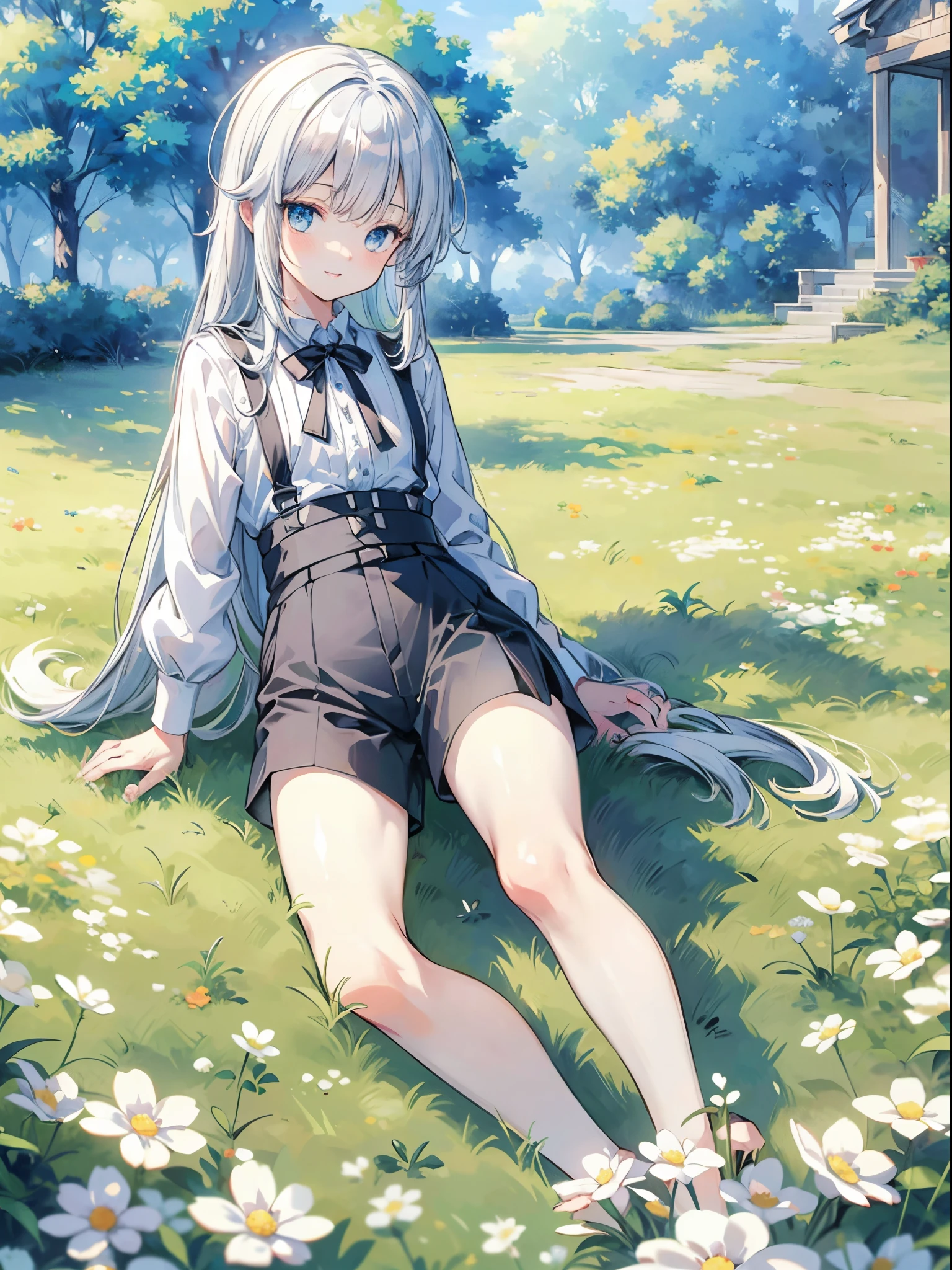 Anime boy lying on the grass,独奏、 White flower garden, Beautiful sunlight, Clear blue sky, long white hair, Light blue eyes, 独奏 同, White collared shirt, Black shorts、Black suspenders, a black ribbon、Smile, beautiful anime artwork, ultrasharp, masutepiece, hight resolution, 8K、Best Quality、masuter piece、Detailed eyes、face perfect