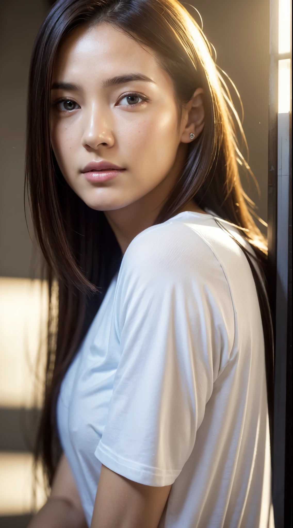 dressed, (photo realistic:1.4), (hyper realistic:1.4), (realistic:1.3), (smoother lighting:1.05), (increase cinematic lighting quality:0.9), 32K, 1girl,20yo girl, realistic lighting, backlighting, light on face, ray trace, (brightening light:1.2), (Increase quality:1.4), (best quality real texture skin:1.4), finely detailed eyes, finely detailed face, finely quality eyes, (tired and sleepy and satisfied:0.0), face closeup, t-shirts, (Increase body line mood:1.1), (Increase skin texture beauty:1.1)