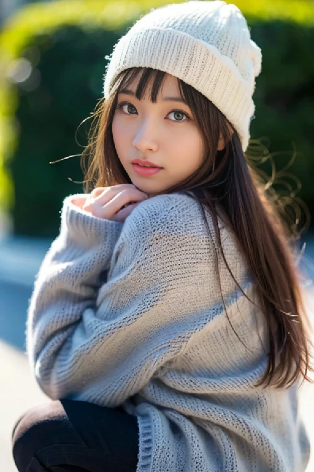 (((Kamimehou face only、Close-up of face、crouching down、Moe Sleeve、put both hands on your chin))、(realisitic、Photorealsitic、ultra-detailliert、Highest Details Skins、top-quality、​masterpiece、超A high resolution)、Cute Japan Woman、sixteen years old、hi-school girl、younggirl、Thin makeup、no-makeup、1 girl in、I have bangs、二重まぶた、drooing eyes、Japanese style face、View here、realisiticな肌質、Thick gray muffler、fluffy hair、hair bulging with a scarf、Hair overflowing from scarf、Red cheeks、The wind is blowing、It's snowing、illuminations、Lighting from behind、knit hat、Bewitching look