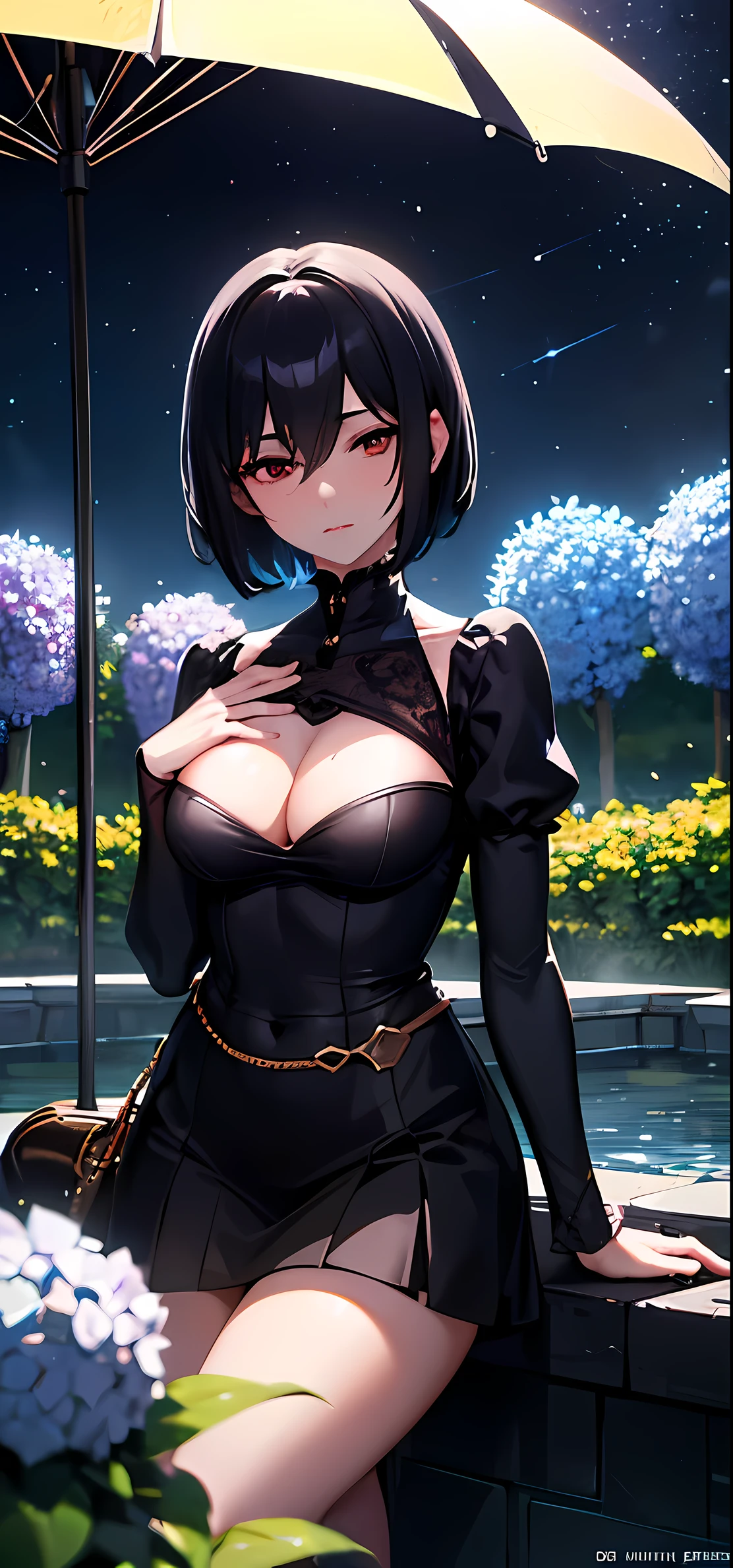 masterpiece, best quality, high quality, extremely detailed CG 8k wallpaper unit, 1girl, {45 years old, (milf:1.3), black hair, (tomboy:1.2), (very short hair:1.3), side shave, asymmetrical hair, red eyes, small breasts}, scenery, outdoor, establishment, medieval tavern, autumn sky, autumn dusk, autumn-winter, overcast sky, big moon shining, award-winning photography, Depth of Field, HDR, flowers, water fountain, hydrangea, Photorealistic, extremely detailed, intricate, high detail, dramatic, art in the middle of the journey,  trend in artstation, trend in CGsociety, chromatic aberration.