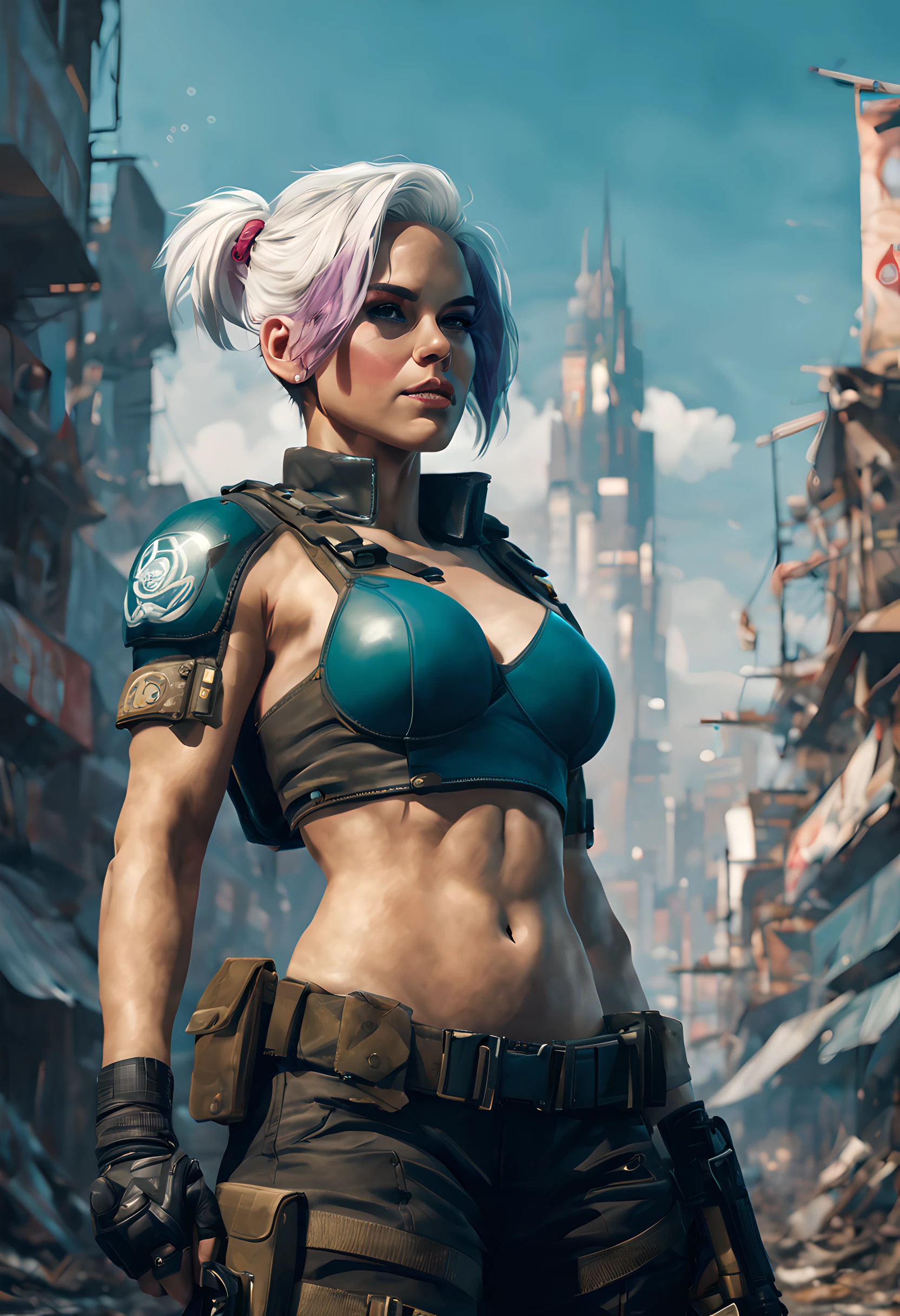 torso shot, facing front, best quality, masterpiece, cyberpunk 1girl, (solo:1.1), ultra detailed,detailed face, 8k wallpaper, platinum white hair in side cut fashion, wide hips, smile, military female soldier with gear of war, city background, smoke and rubbles, by gustav klimt , atey ghailan, by greg rutkowski, by greg tocchini, by james gilleard, by joe fenton, by kaethe butcher, gradient blue, green and purple color scheme