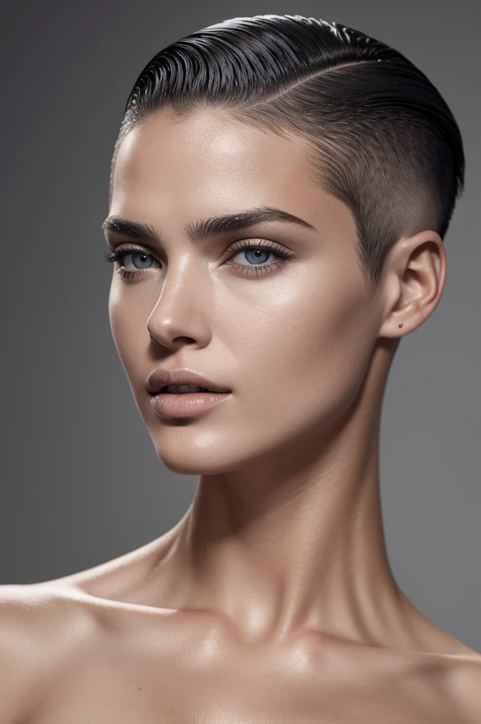 (close-up:1.0) photo of (CR-NataliaVodianova-frankyfrank2k:0.9) as (young:1.0) woman, (oiled skin:1.0), (tilted angle shot:1.0), (slick undercut hair:1.2), (8k uhd:1.0), (best quality:1.0), (masterpiece:1.0), (sharp focus:1.0), (basic grey backdrop:1.0),