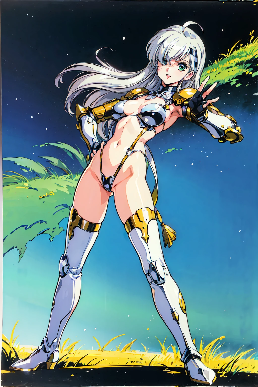 "(masterpiece:1.1), best quality,
1girl, (traditional media 80s:1.4), (eyelashes:1.5), (:1.2),
(intricate high detailed body:1.2),
(silver hair:1.1), (hair over one eye:1.1), (long hair, straight hair:1.1), (headband:1.1),
green eyes, (lip stick:1.2),
(pale skin:1.2), (slim body:1.1), (huge breasts:1.1),
(light smile:1.2), open mouth,
(leotard armor, navel cutout:1.2), (knight armor, armored boots:1.2),
(suspenders:1.1), (ahoge:1.2), gloves,
standing, (dynamic pose, action pose, hand on hip:1.2),
(upper body, cowboy shot, looking at viewer:1.1),
(daytime, grassland, outdoors:1.1)"