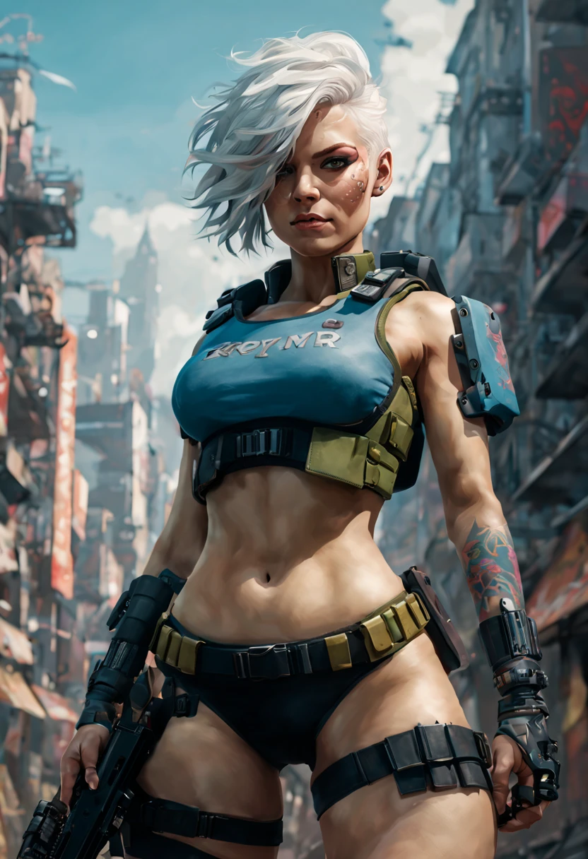 torso shot, facing front, best quality, masterpiece, cyberpunk 1girl, (solo:1.1), ultra detailed,detailed face, 8k wallpaper, platinum white hair in side cut fashion, wide hips, smile, military female soldier with gear of war, city background, smoke and rubbles, by gustav klimt , atey ghailan, by greg rutkowski, by greg tocchini, by james gilleard, by joe fenton, by kaethe butcher, gradient blue, green and purple color scheme