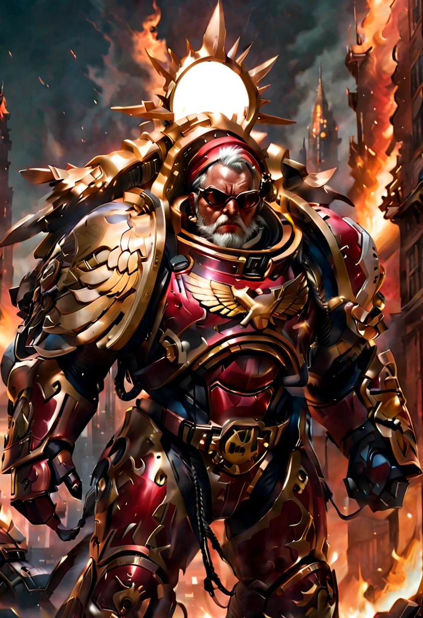 Warhammer 40K universe,santa claus,Mechanical suit of red and gold armor,sparkly red color sunglasses,Intense war-like environment,Destroyed buildings and flames,The background is a futuristic cityscape,Santa hat,severe and threatening atmosphere,Sci-fi cyberpunk aesthetics,High contrast and desaturated tones,Dramatic and dynamic lighting effec quality,4k,highres,masterpiece:1.2),ultra-detailed,(realistic,photorealistic,photo-realistic:1.37)