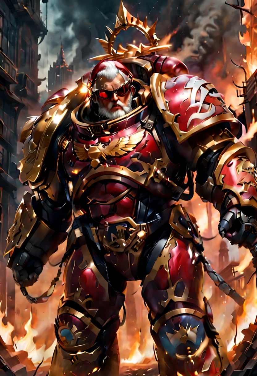 Warhammer 40K universe,santa claus,Mechanical suit of red and gold armor,sparkly red color sunglasses,Intense war-like environment,Destroyed buildings and flames,The background is a futuristic cityscape,Santa hat,severe and threatening atmosphere,Sci-fi cyberpunk aesthetics,High contrast and desaturated tones,Dramatic and dynamic lighting effec quality,4k,highres,masterpiece:1.2),ultra-detailed,(realistic,photorealistic,photo-realistic:1.37)