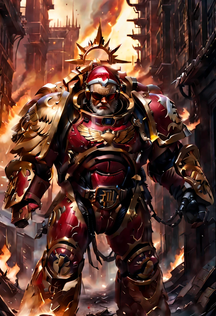 Warhammer 40K universe,santa claus,Mechanical suit of red and gold armor,sparkly red color sunglasses,Intense war-like environment,Destroyed buildings and flames,The background is a futuristic cityscape,Santa hat,severe and threatening atmosphere,Sci-fi cyberpunk aesthetics,High contrast and desaturated tones,Dramatic and dynamic lighting effec quality,4k,highres,masterpiece:1.2),ultra-detailed,(realistic,photorealistic,photo-realistic:1.37)