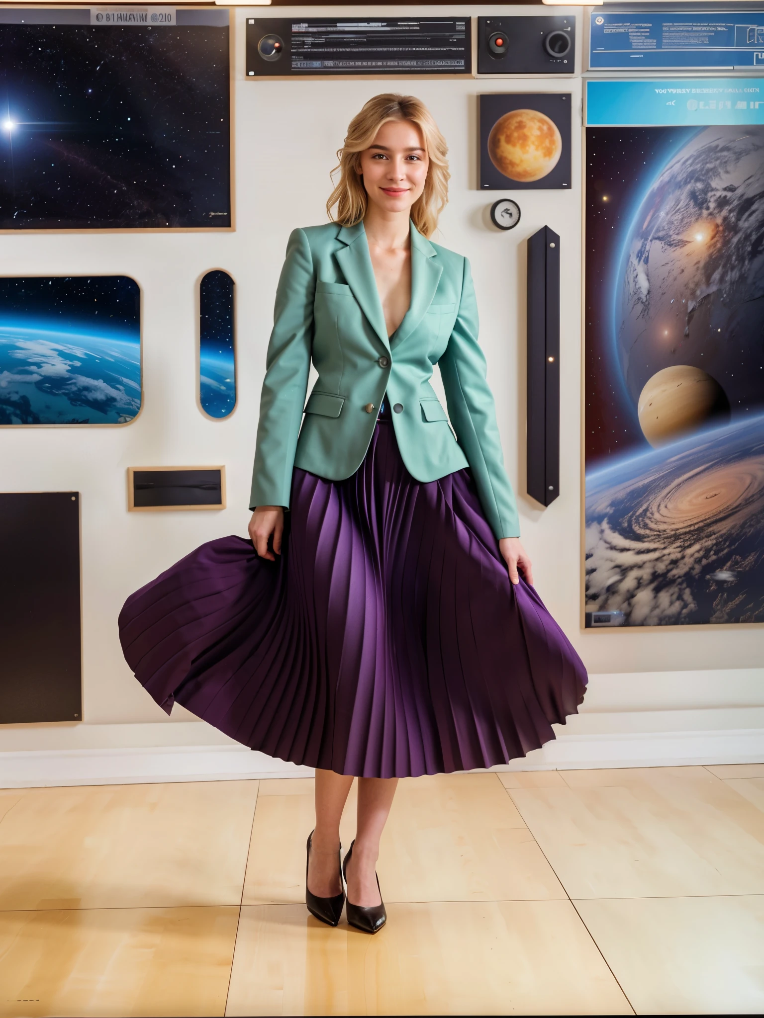 (smiling:1,2) woman playing with skirt, dancing, wearing short blazer and very very detailed (long (fully pleated) full circle skirt) and (low heeled) office shoes, very very intricate hyper-detailed symmetric (attractive graceful young feminine face) with (sad, tired eyes and a shy smile), large breasts, full of empathy and compassion and love, (pronounced (feminine) features), (highly detailed ultra accurate realistic) hands and fingers, (windy conditions and wind blowing), epic composition, highly detailed attributes, highly detailed space station background, (35mm f1.4 Kodak portra 400 photograph), extremely high quality RAW photograph,
