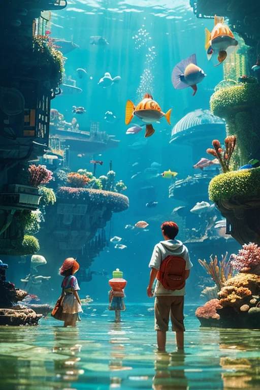 a group of people that are standing in the water, concept art, inspired by Jacek Yerka, big aquarium, katamari damacy, promo image, built around ocean
