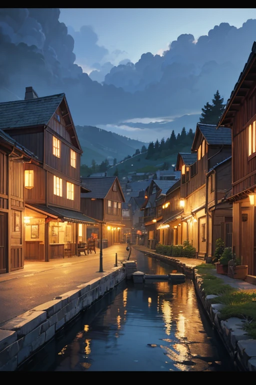 Night view of small village with windmills and houses, beautiful anime scenes, Anime countryside landscape, anime scene, night village background, howl\'s moving castle at night, anime backgrounds艺术, Anime landscapes, anime backgrounds, black clover screenshot, beautiful anime scenery, Anime landscapes概念艺术, screenshot from the anime film, tavern background