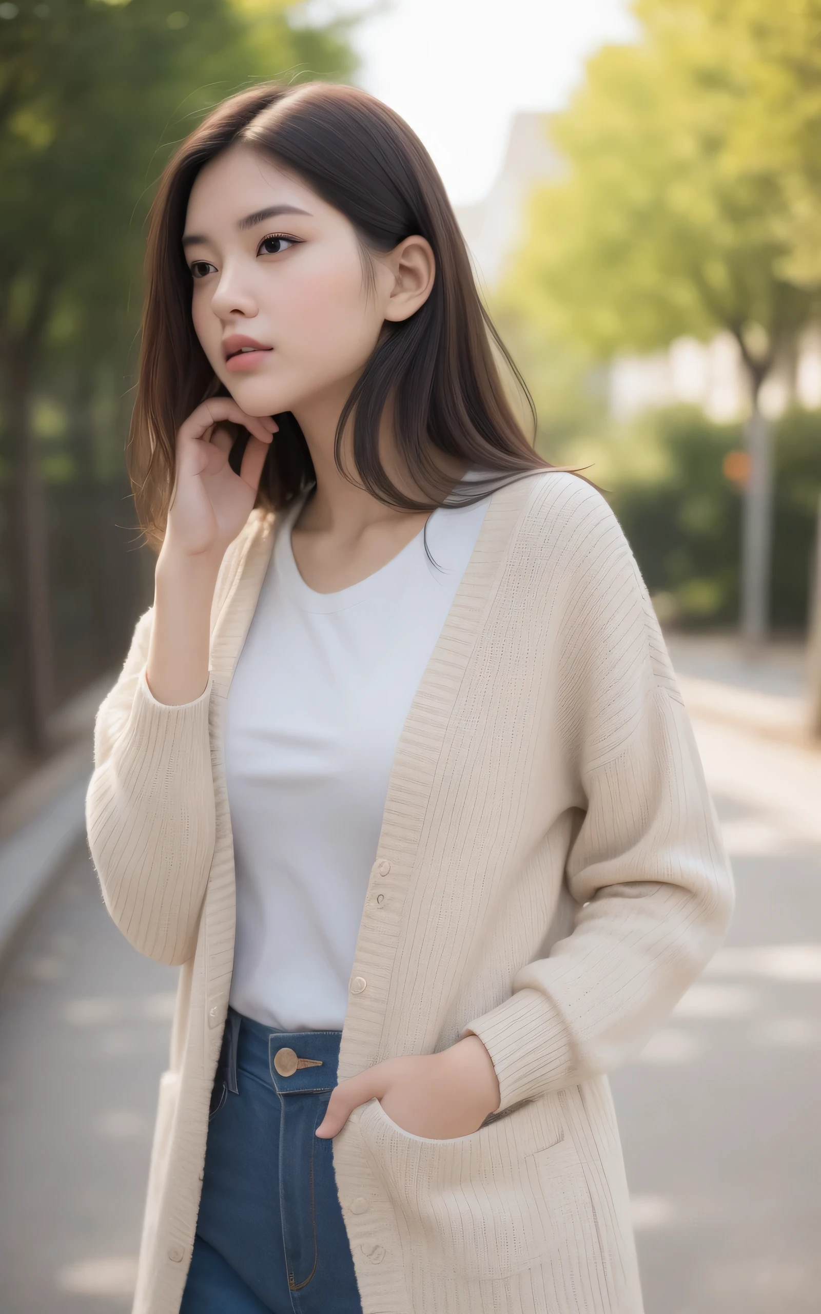 masutepiece, Best Quality, 8K, 1 girl, Right human hands, Correct human finger, japanaese girl, gros-plan, Cute, Girly, Delicate girl, Neat and clean beauty, medium breasts, Sexy lips, Luminescent, Looking away, Raw photo, F/1.8, 135 mm, NIKON, Anatomically correct, Bokeh,Textured skin, Professional Photography, Portrait, Soft light, Professional Lighting, Back Light, boobs film grain, (Eyes and faces with detailed:1.0), Brown hair, Medium hair swaying in the wind, T-shirt, Cardigan