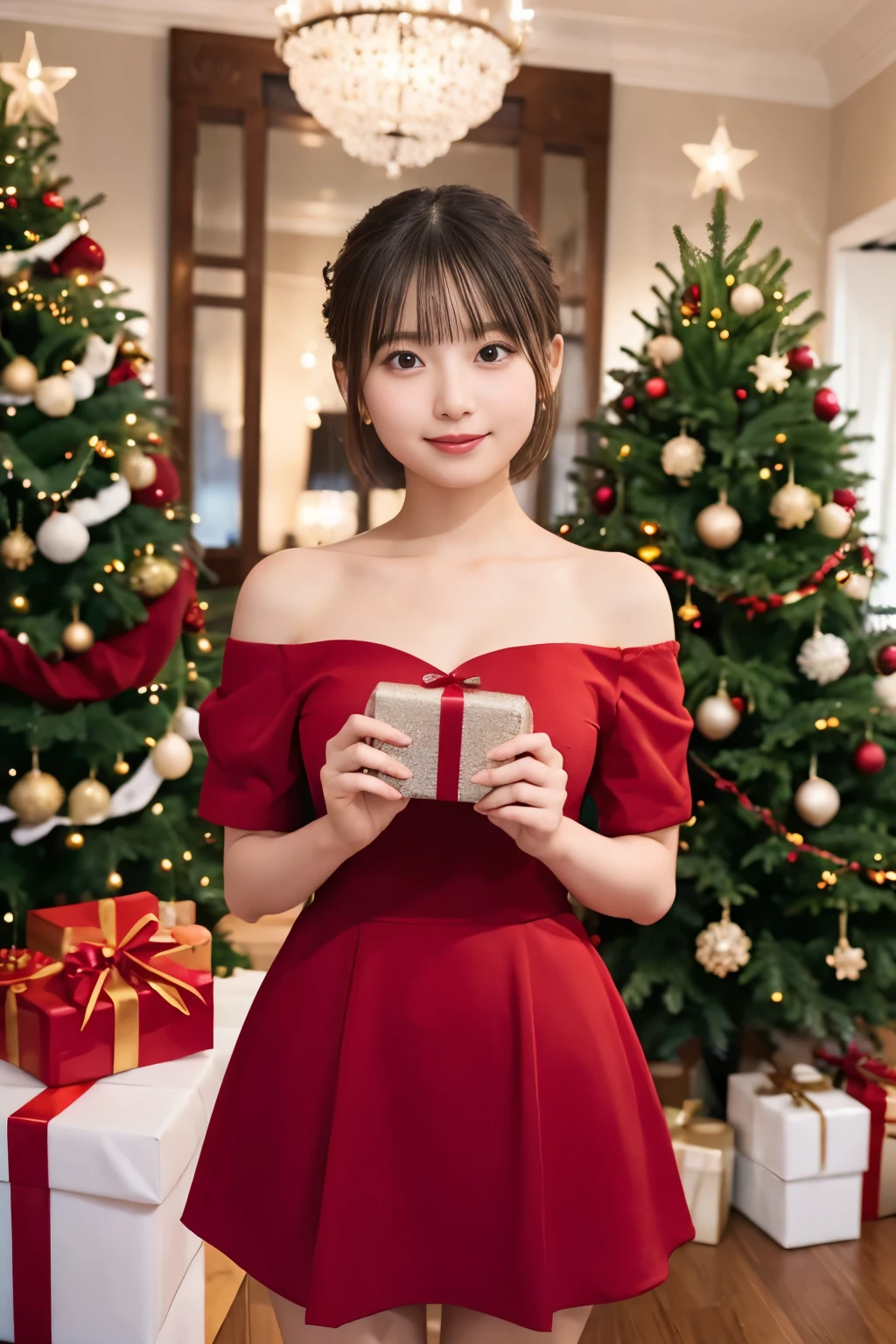 (girl in a beautiful red dress, holding a gift box decorated with ribbons、Standing in front of a beautifully decorated Christmas tree),Illustration,Christmas,Fun atmosphere,Twinkling lights,soft snowflakes fall,Best Quality,4K,Ultra-detailed,Vibrant colors,pine scent,Cozy,romantic,Cheerful,breathtaking scenery,Warmth,Happiness,Magical,Holiday spirit,Winter wonderland,pure love and kindness.、off shoulders、I have my short hair up、thighs thighs thighs thighs