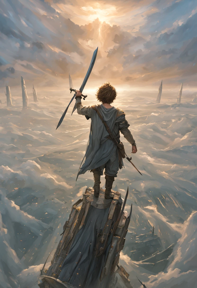 Young boy waving sword,The wind behind me is full of immortality,8K, high detal, hyper-detailing,The scene details are very rich,Clarity is extraordinary, globalillumination