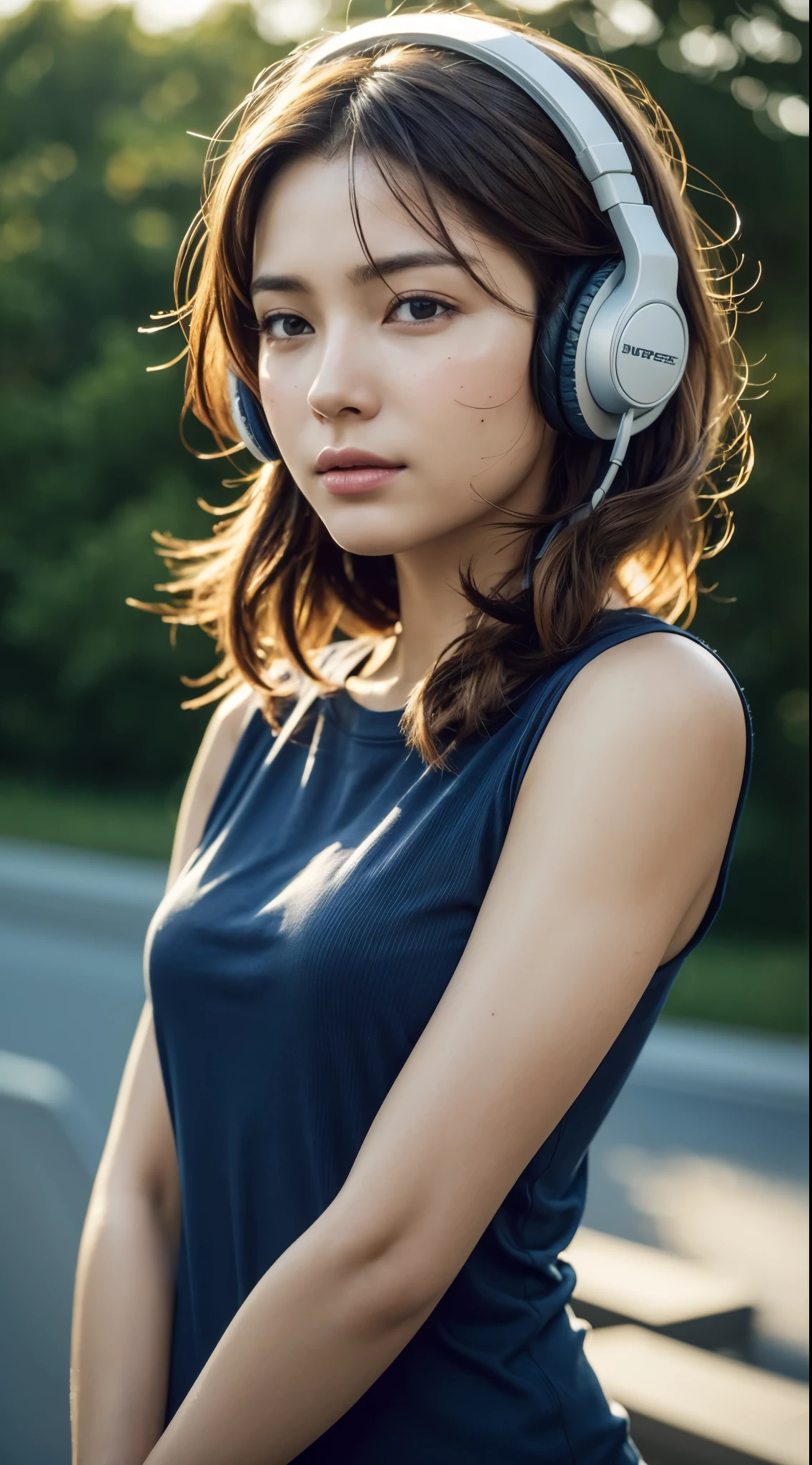 dressed, (photo realistic:1.4), (hyper realistic:1.4), (realistic:1.3), (smoother lighting:1.05), (increase cinematic lighting quality:0.9), 32K, 1girl,20yo girl, realistic lighting, backlighting, light on face, ray trace, (brightening light:1.2), (Increase quality:1.4), (best quality real texture skin:1.4), finely detailed eyes, finely detailed face, finely quality eyes, (tired and sleepy and satisfied:0.0), face closeup, t-shirts with headphones, (Increase body line mood:1.1), (Increase skin texture beauty:1.1)